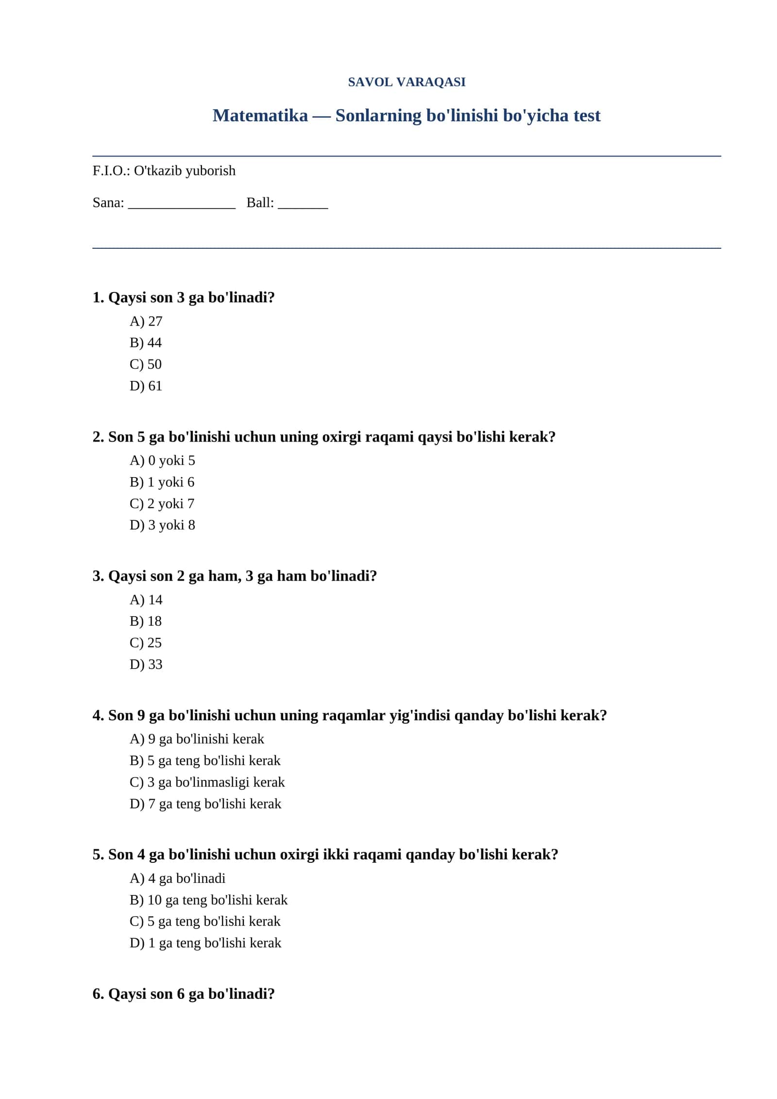 Matematika — Sonlarning bo'linishi bo'yicha test