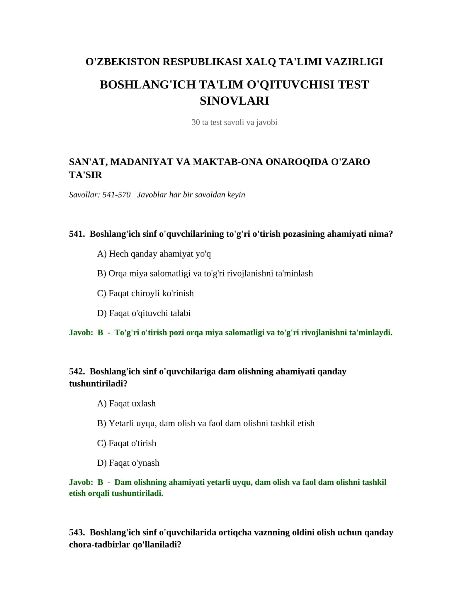 BOSHLANG'ICH TA'LIM O'QITUVCHISI TEST SINOVLARI