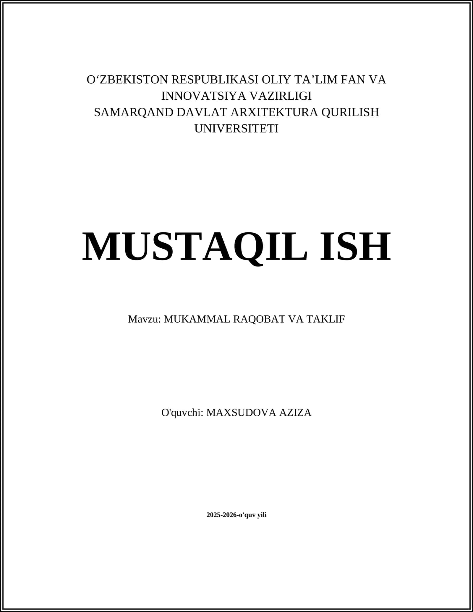MUKAMMAL RAQOBAT VA TAKLIF