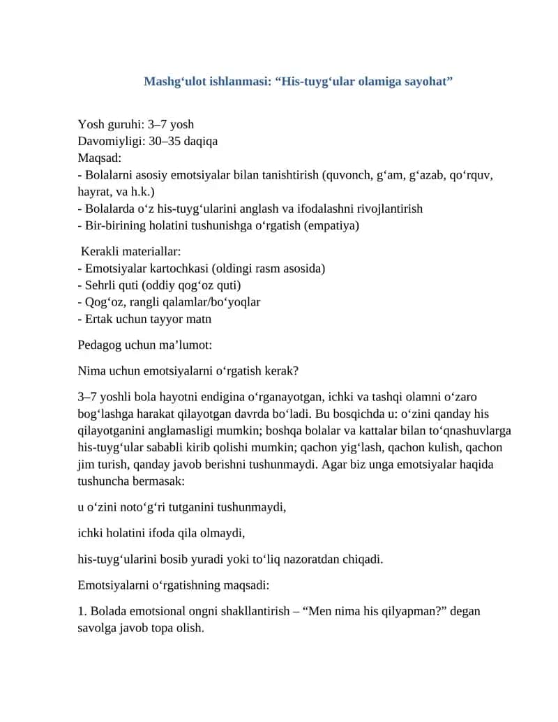 Mashg‘ulot ishlanmasi: “His-tuyg‘ular olamiga sayohat”