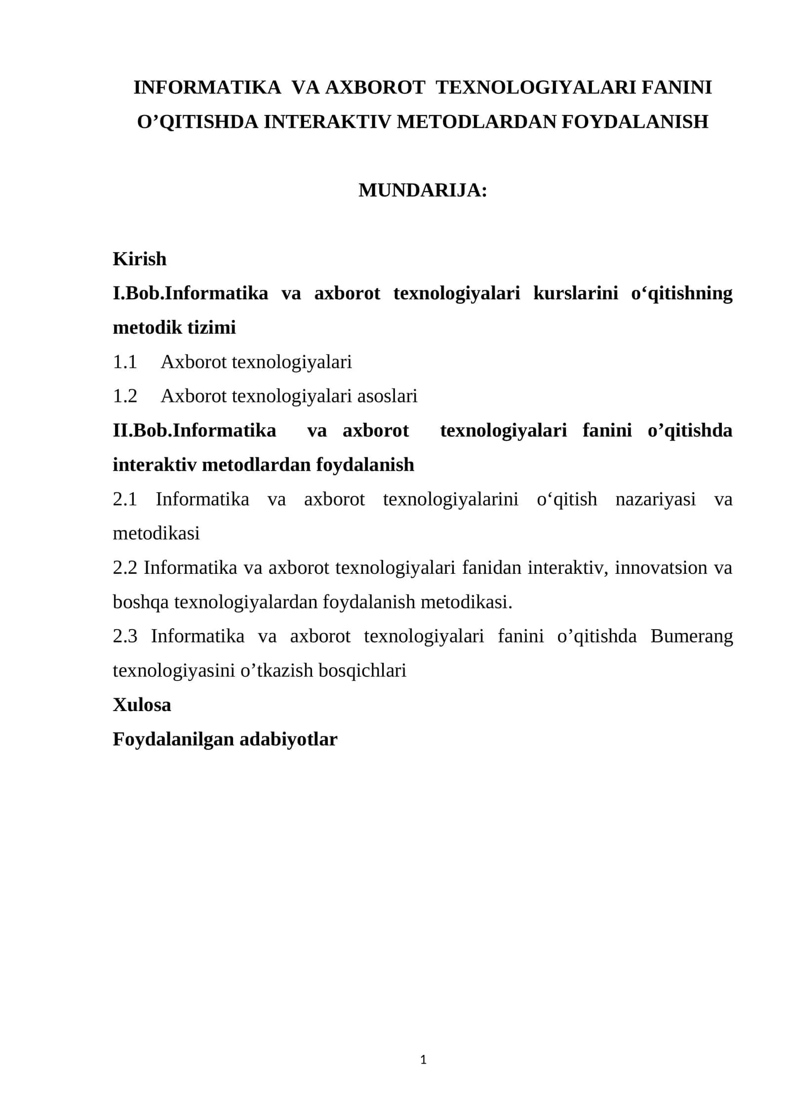 INFORMATIKA VA AXBOROT TEXNOLOGIYALARI FANINI O’QITISHDA INTERAKTIV METODLARDAN FOYDALANISH