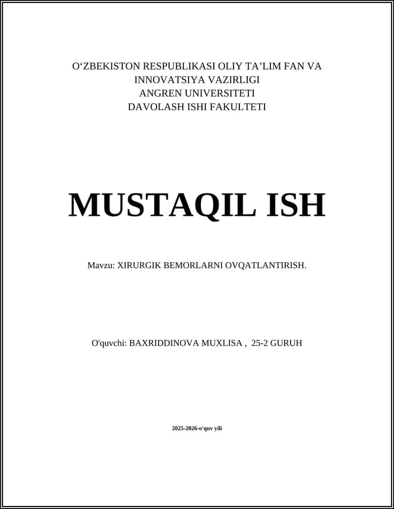 XIRURGIK BEMORLARNI OVQATLANTIRISH