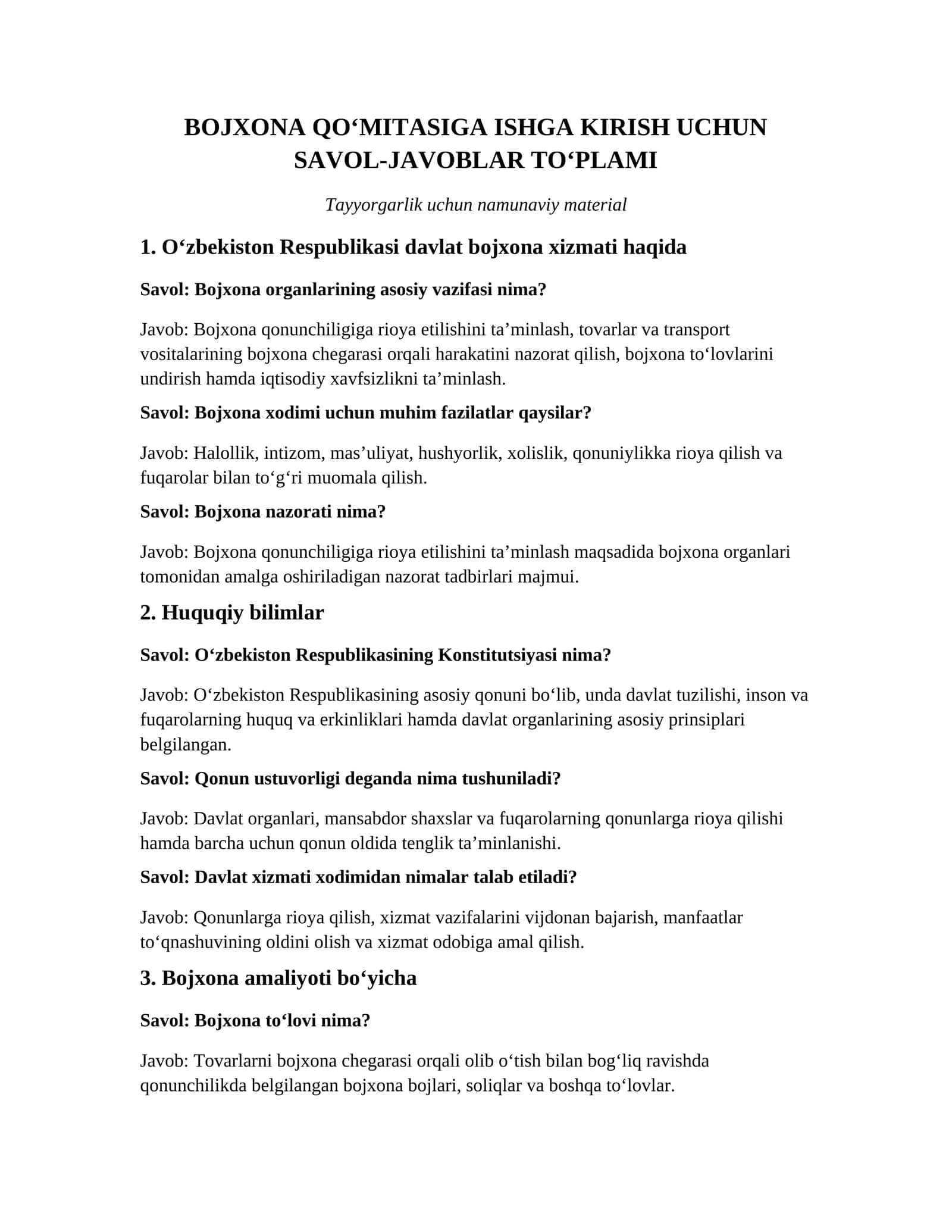 Bojxona qo'mitasiga ishqa kirish uchun savol javoblar to'plami