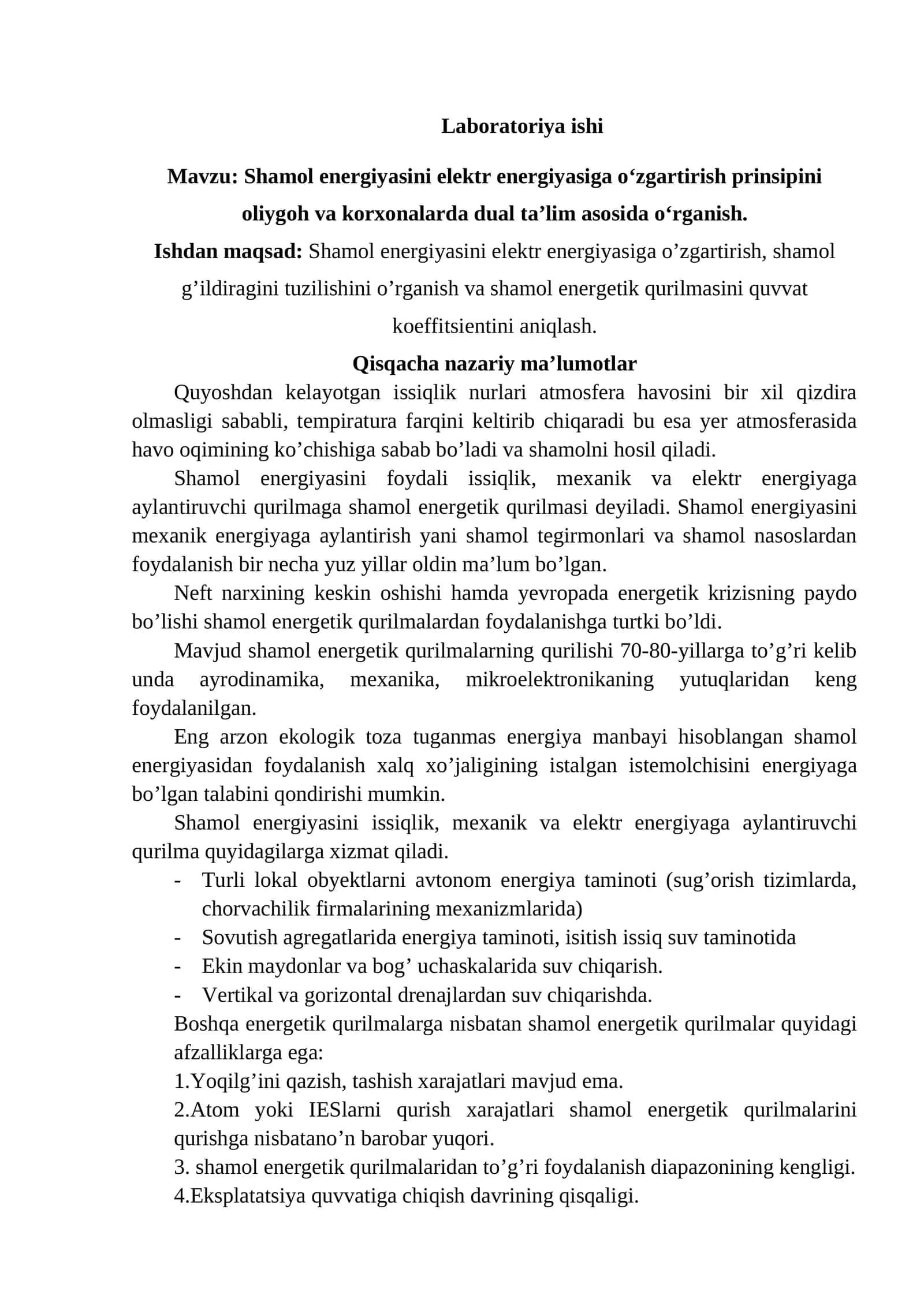 Laboratoriya ishi Shamol energiyasini elektr eneryiyasiga aylantirish
