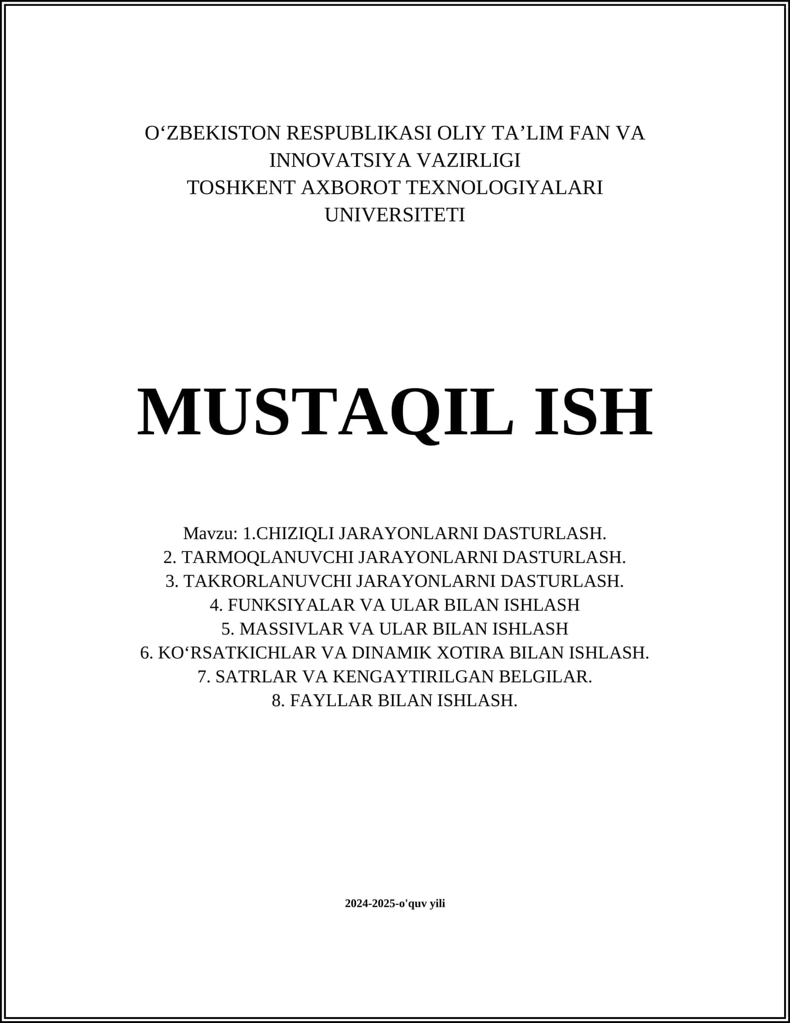 CHIZIQLI JARAYONLARNI DASTURLASH