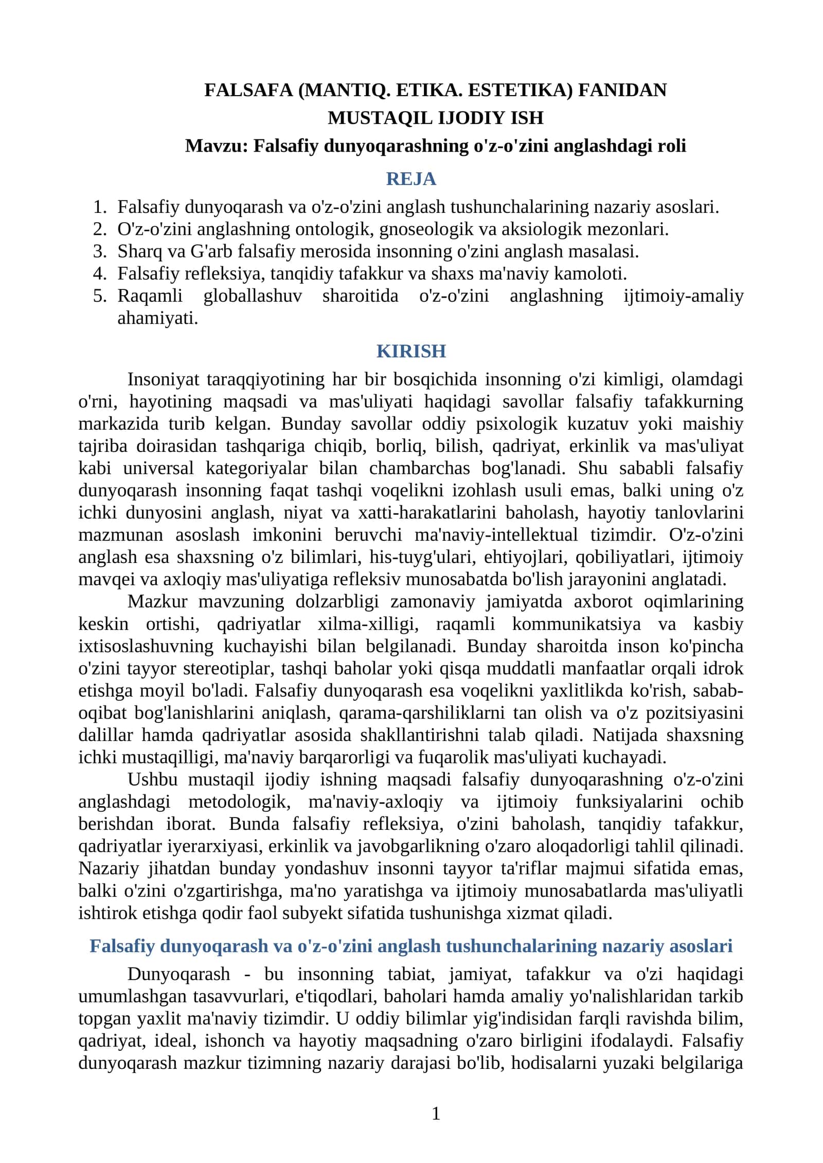 Falsafiy dunyoqarashning o'z-o'zini anglashdagi roli