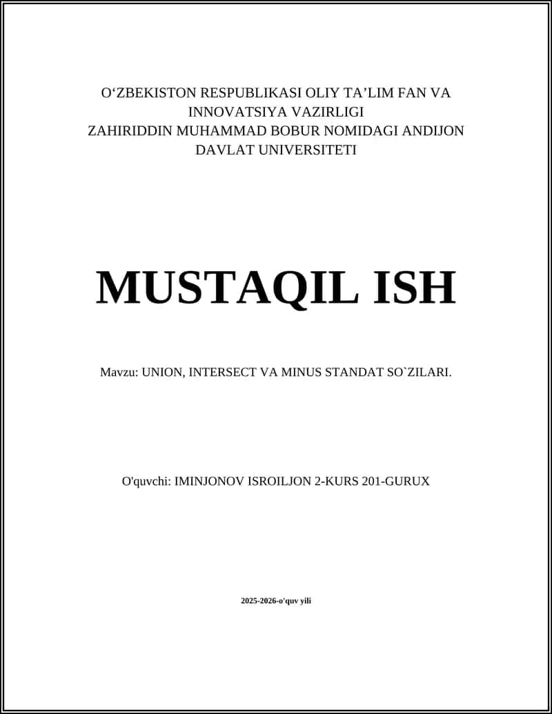 UNION, INTERSECT VA MINUS STANDAT SO`ZILARI