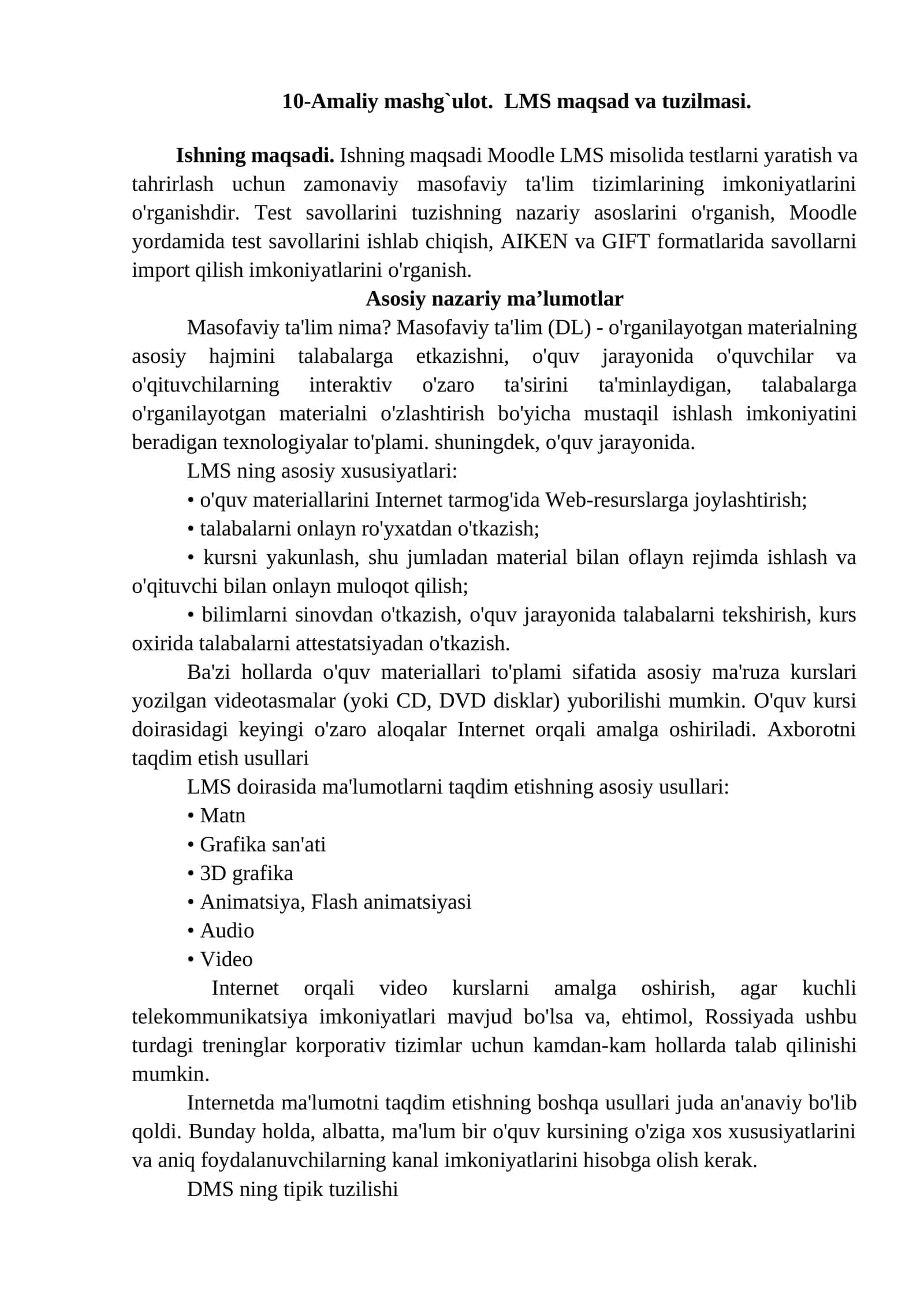10-Amaliy mashg`ulot. LMS maqsad va tuzilmasi