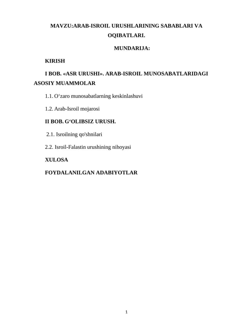 ARAB-ISROIL URUSHLARINING SABABLARI VA OQIBATLARI