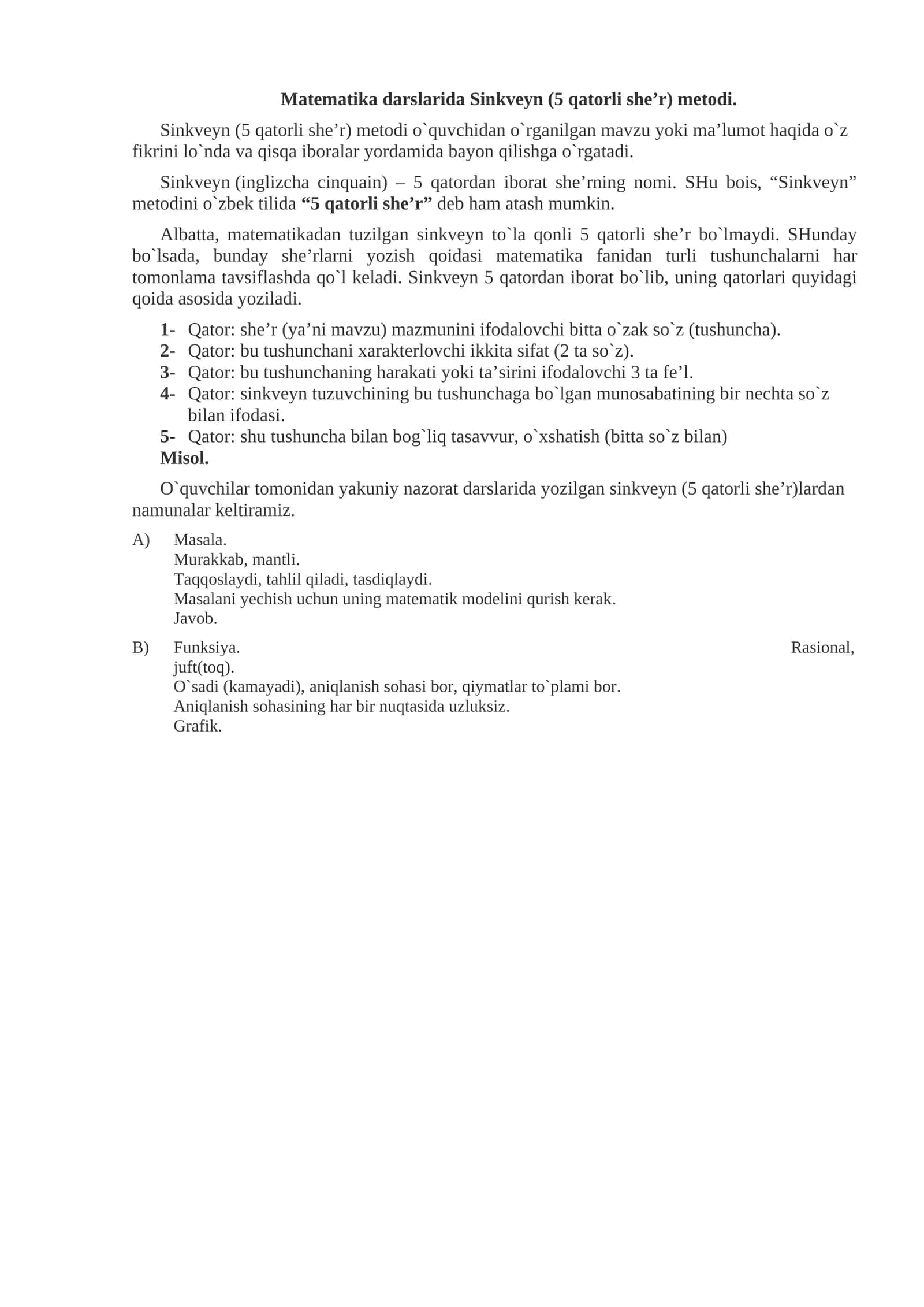 Sinkveyn (5 qatorli she’r) metodi