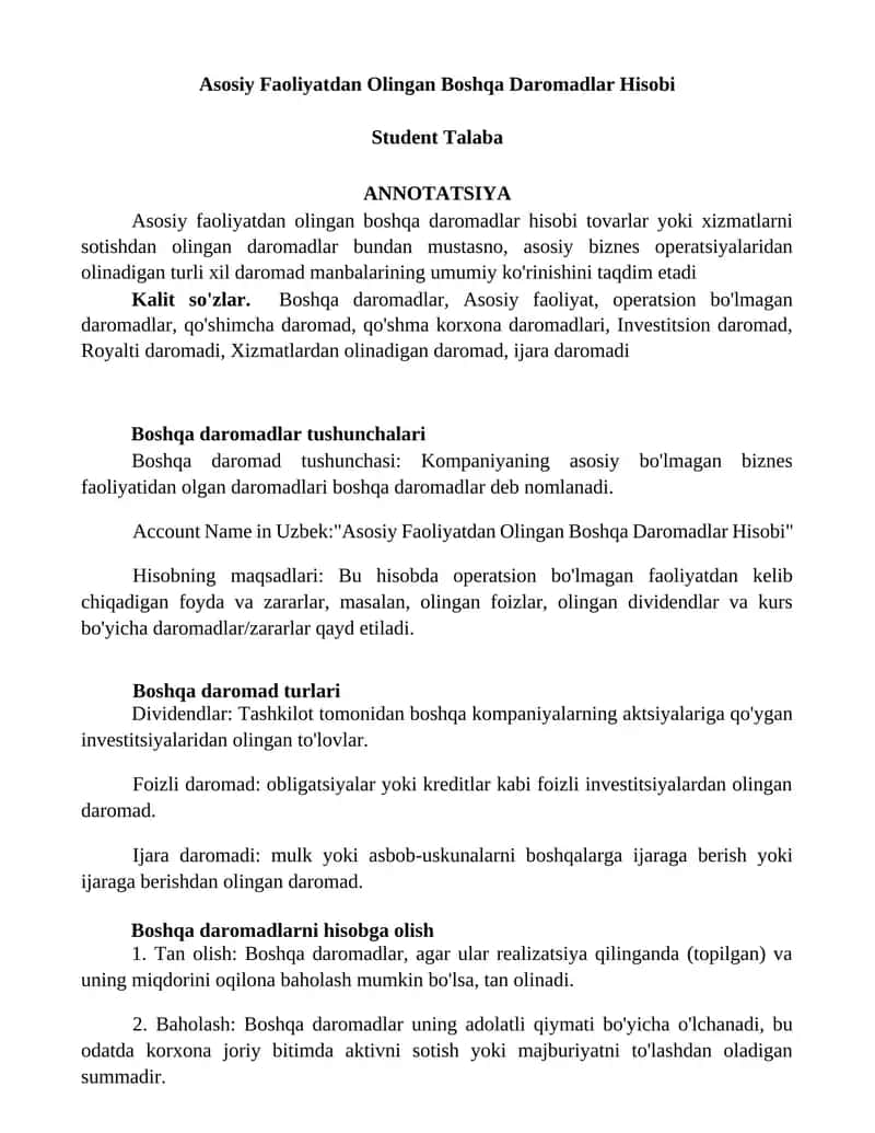 Asosiy Faoliyatdan Olingan Boshqa Daromadlar Hisobi