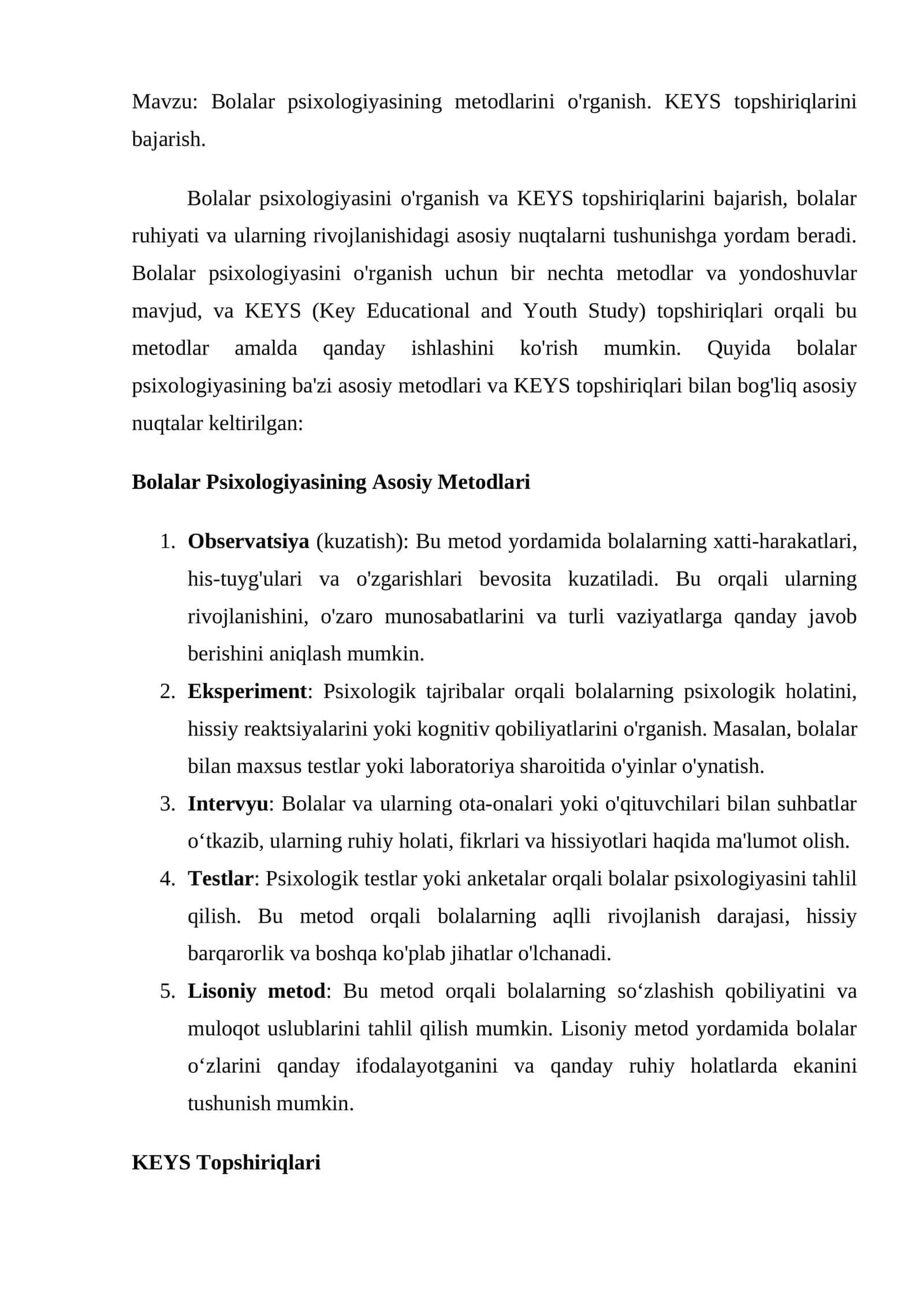 Bolalar psixologiyasining metodlarini o'rganish
