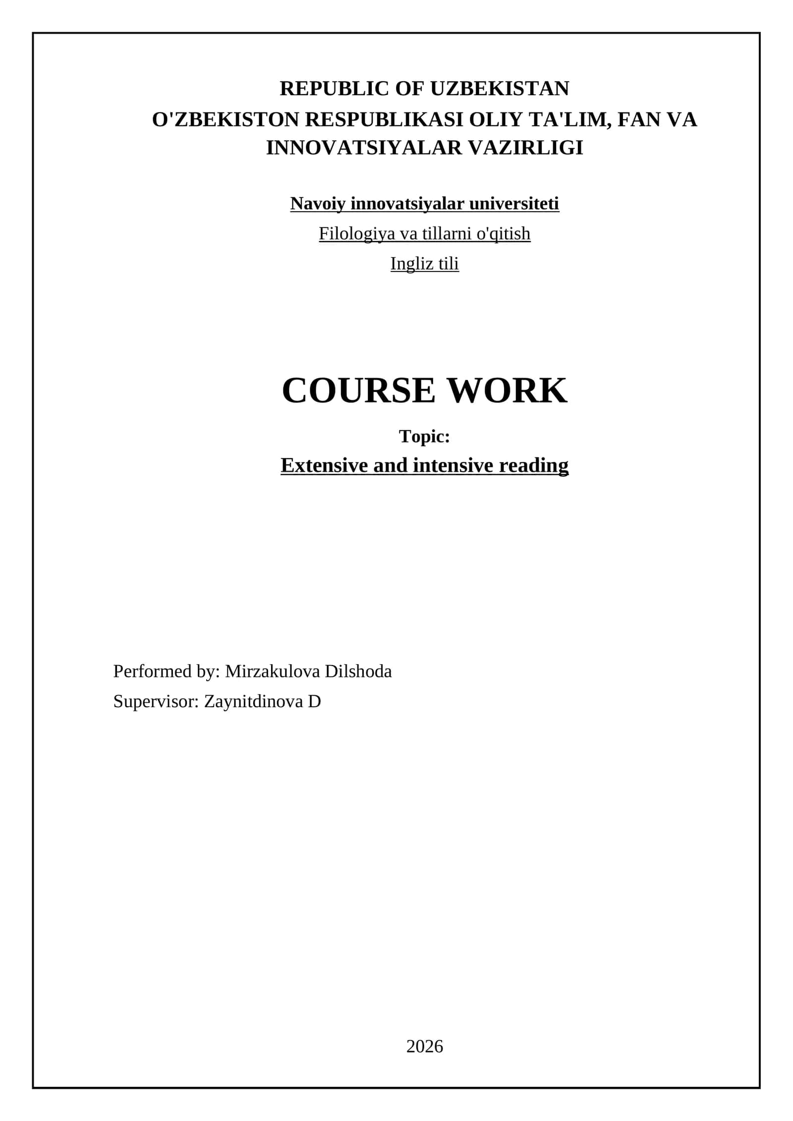 Extensive and Intensive Reading Course Work