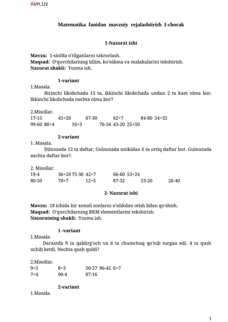 Matematika fanidan mavzuiy rejalashtirish I-chorak