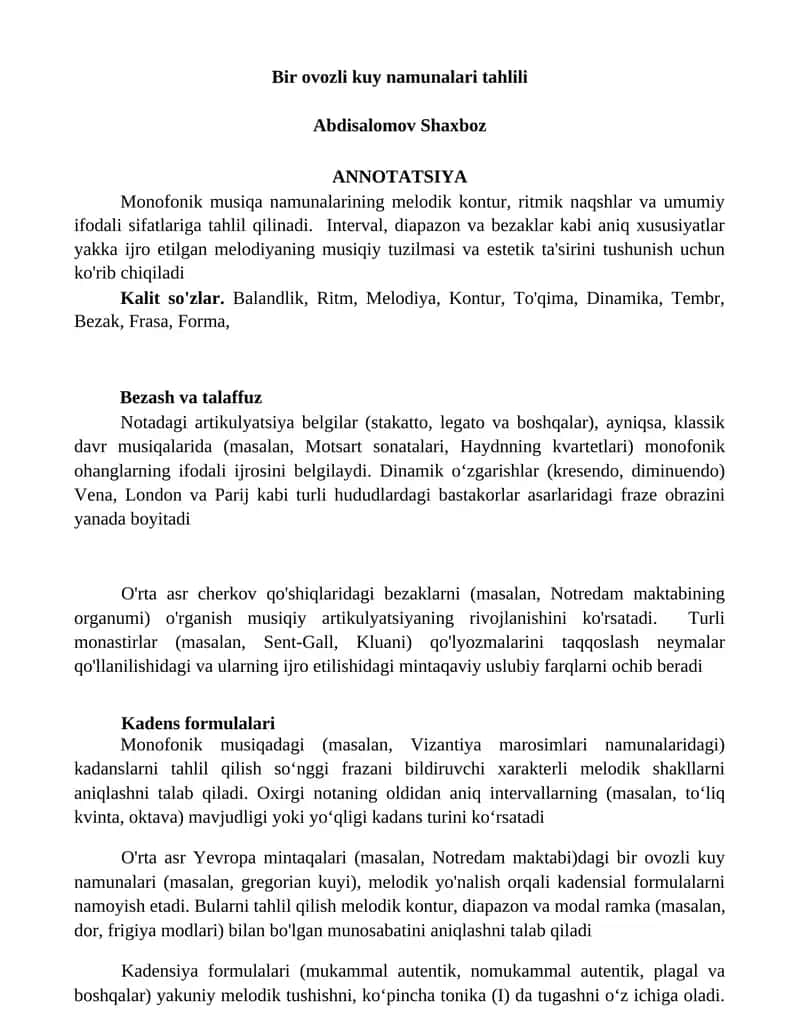 Bir ovozli kuy namunalari tahlili