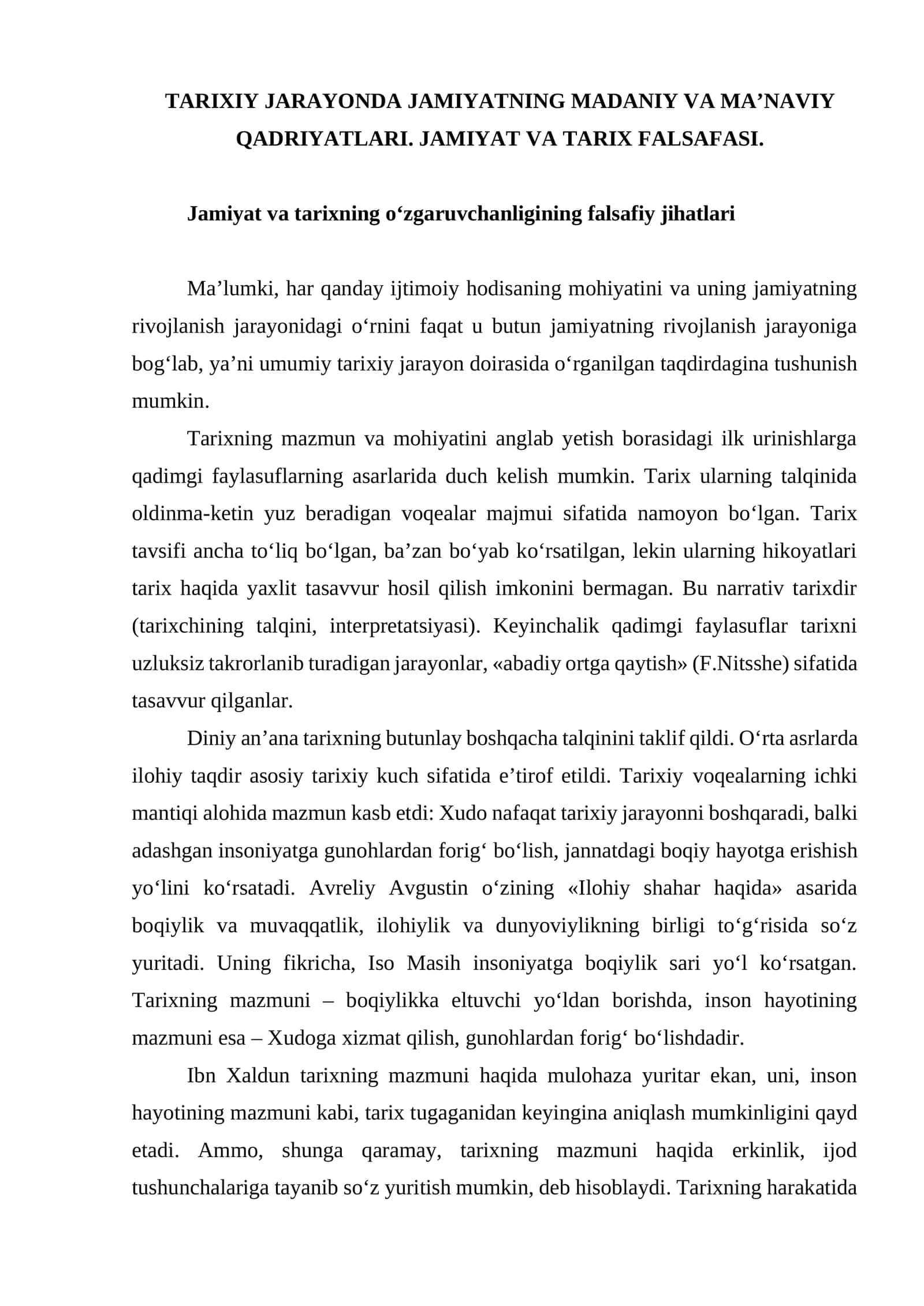TARIXIY JARAYONDA JAMIYATNING MADANIY VA MA’NAVIY QADRIYATLARI. JAMIYAT VA TARIX FALSAFASI