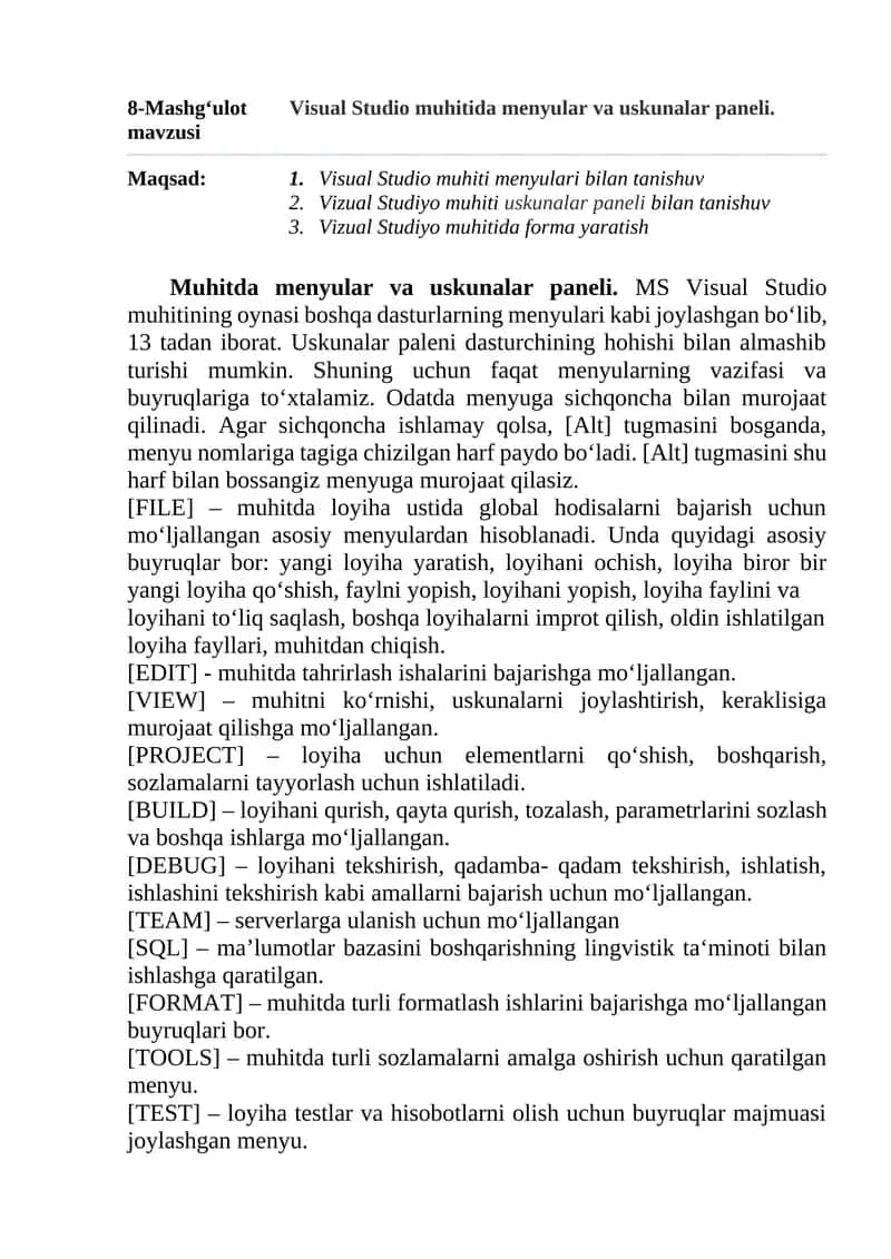 Visual Studio muhitida menyular va uskunalar paneli
