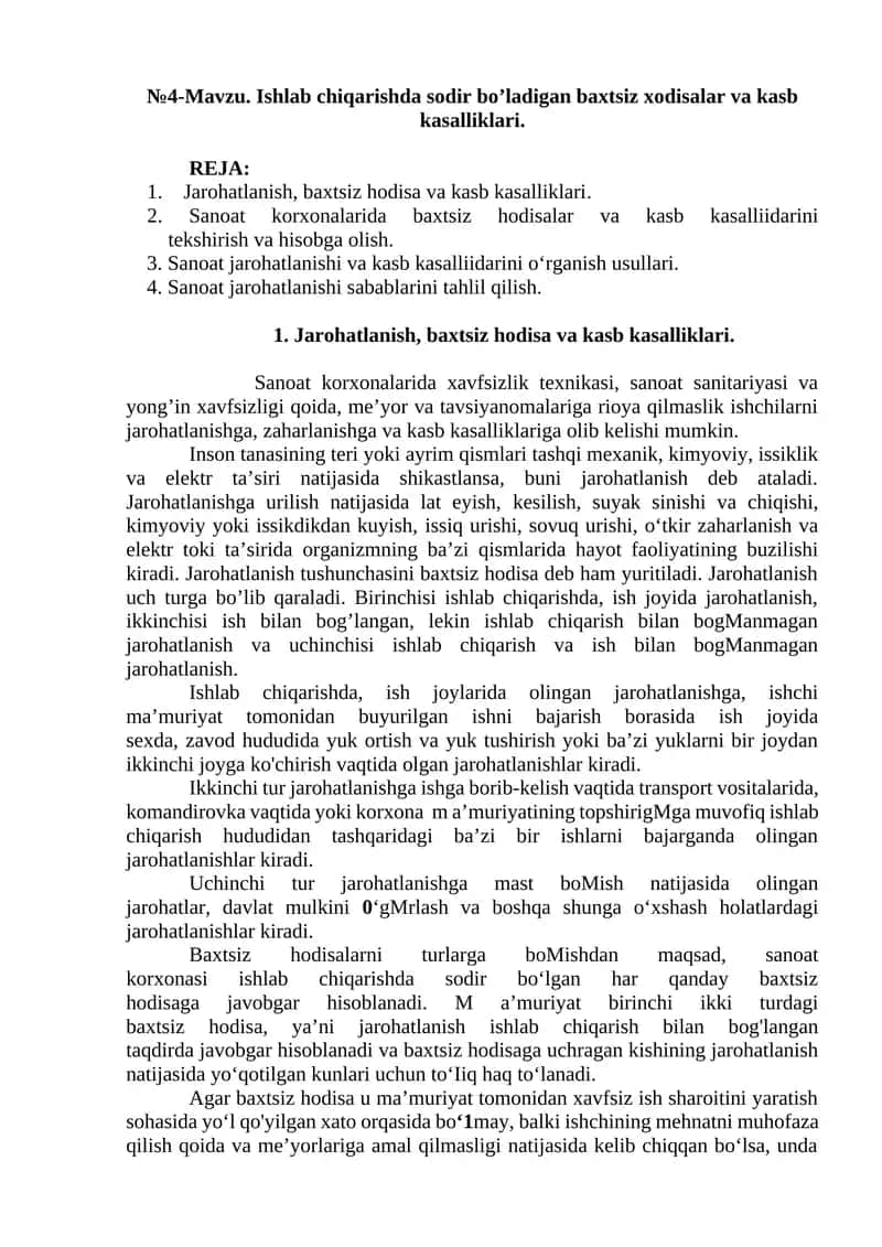 Ishlab chiqarishda sodir bo’ladigan baxtsiz xodisalar va kasb kasalliklari