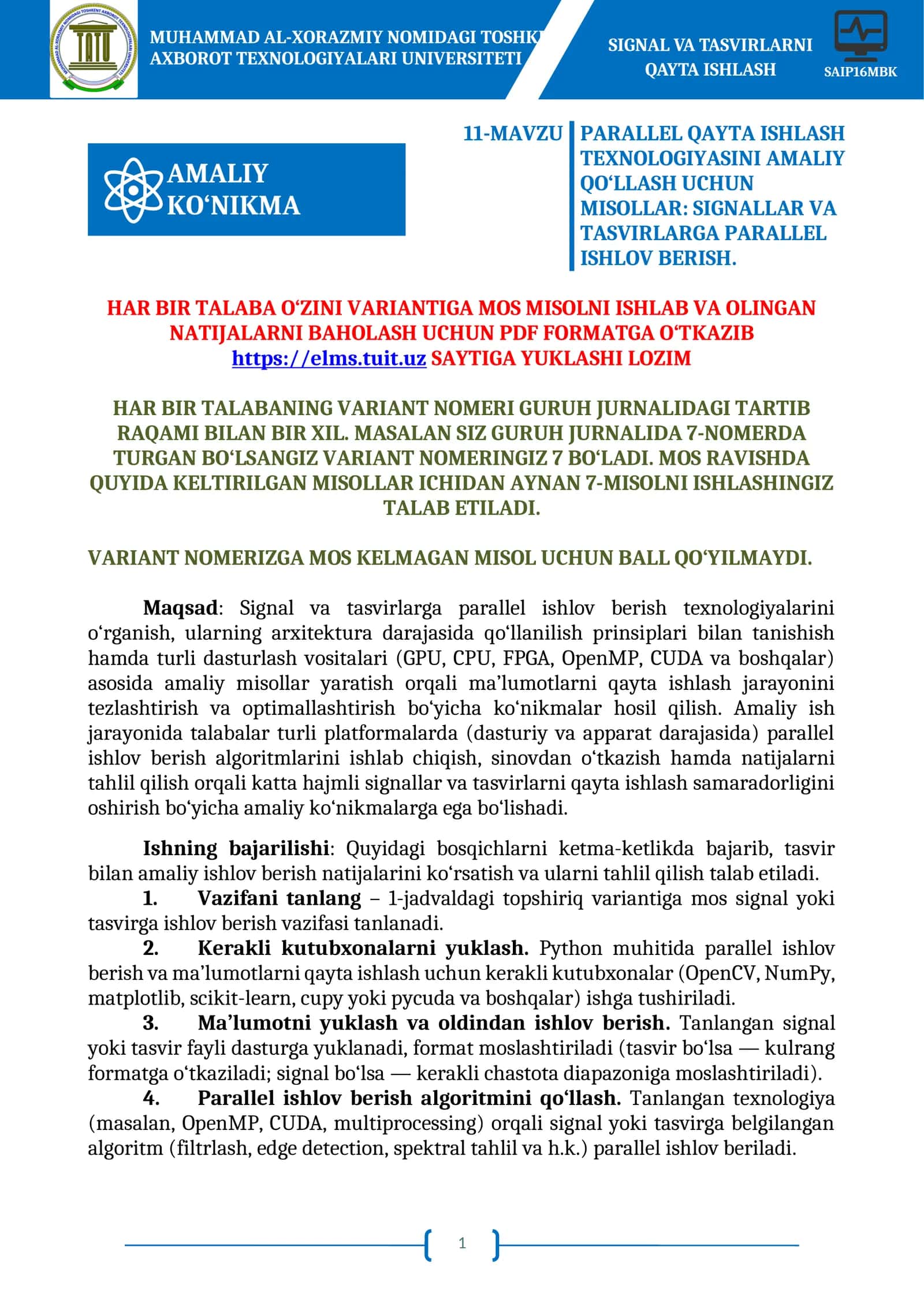 PARALLEL QAYTA ISHLASH TEXNOLOGIYASI AMALIY QO‘LLASH