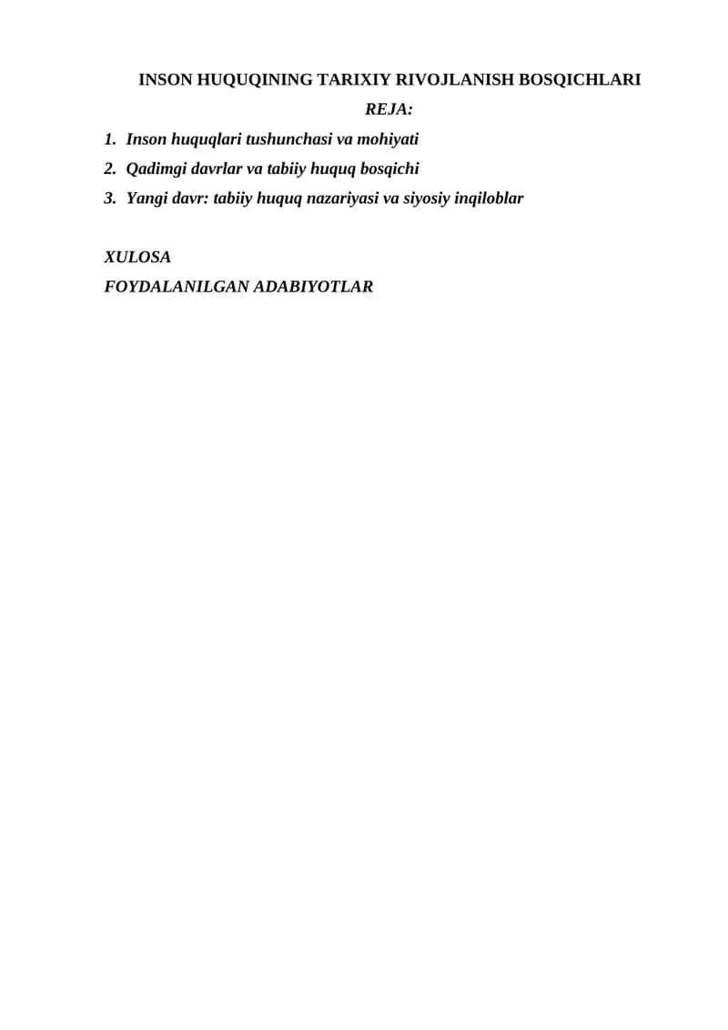INSON HUQUQINING TARIXIY RIVOJLANISH BOSQICHLARI