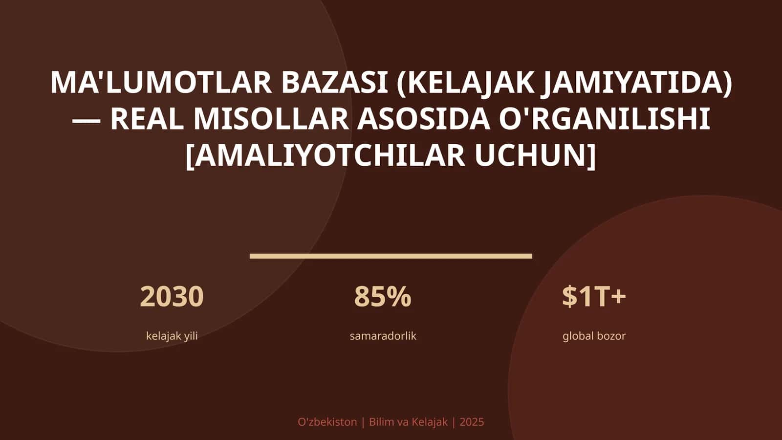 Ma'lumotlar bazasi (kelajak jamiyatida) — real misollar asosida o'rganilishi [amaliyotchilar uchun]