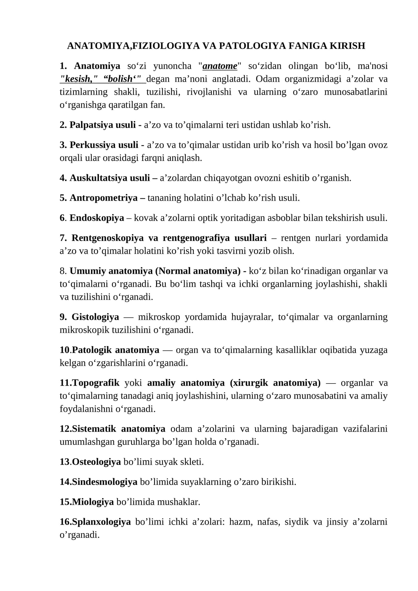 ANATOMIYA,FIZIOLOGIYA VA PATOLOGIYA FANIGA