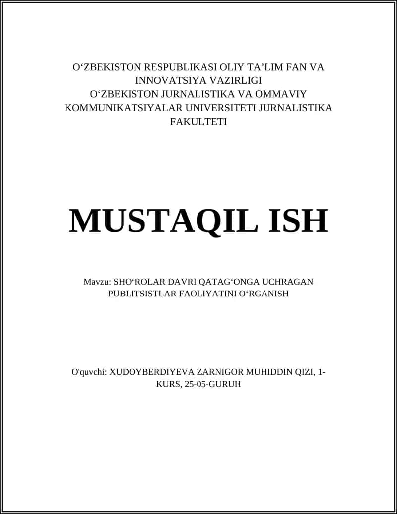 SHOʻROLAR DAVRI QATAGʻONGA UCHRAGAN PUBLITSISTLAR FAOLIYATINI OʻRGANISH