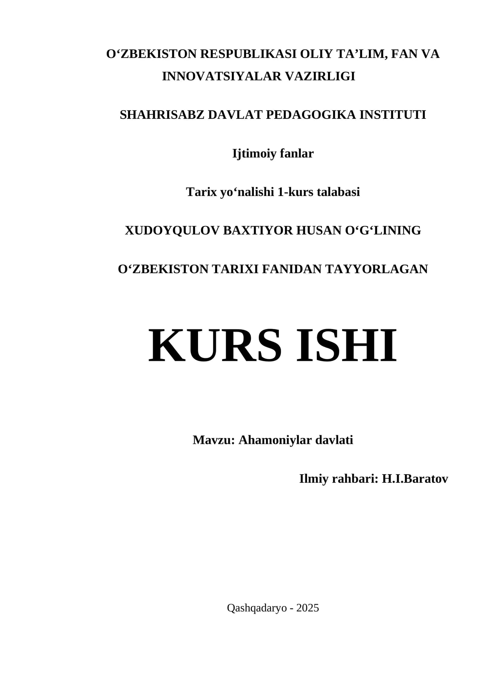 AHAMONIYLAR DAVLATI - KURS ISHI