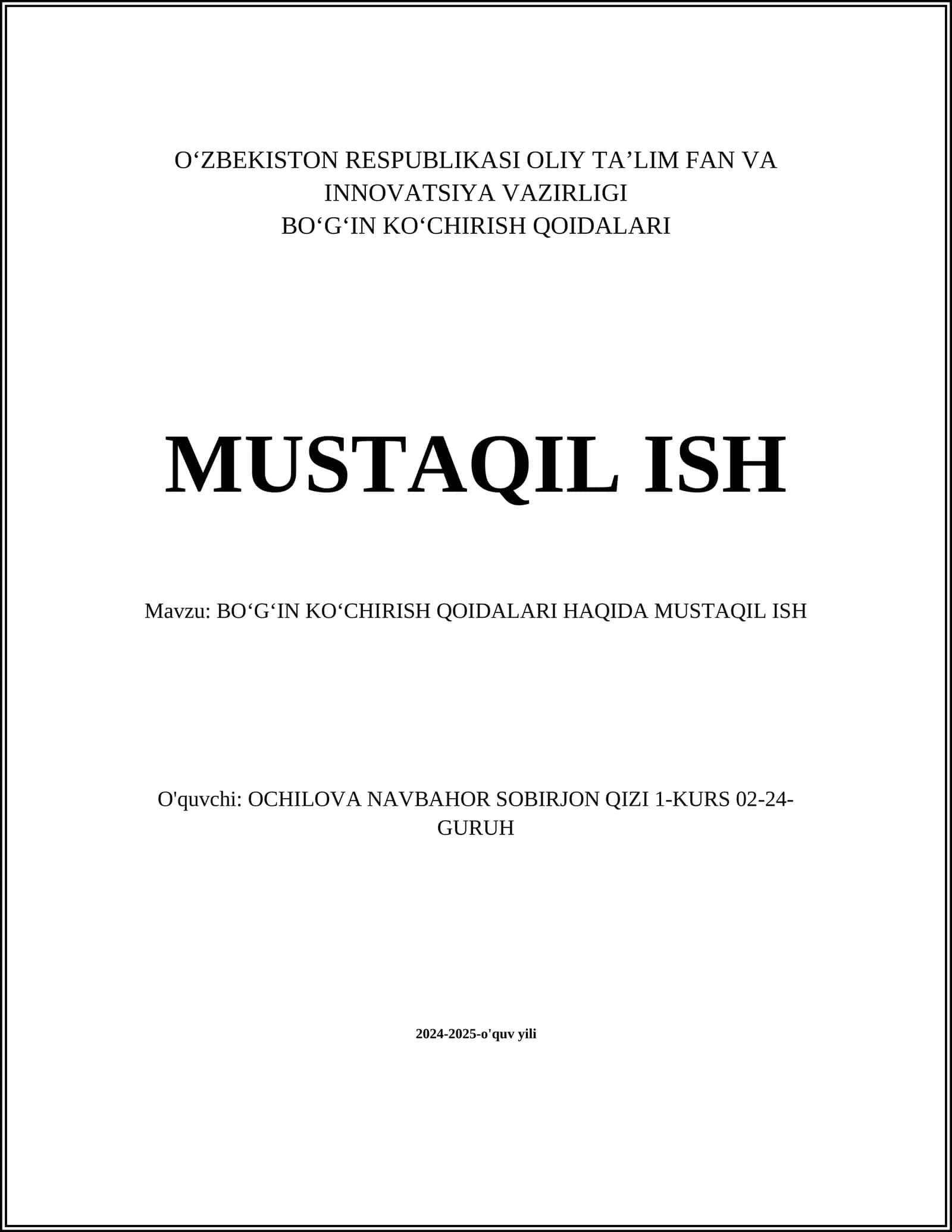 BOʻGʻIN KOʻCHIRISH QOIDALARI HAQIDA MUSTAQIL ISH