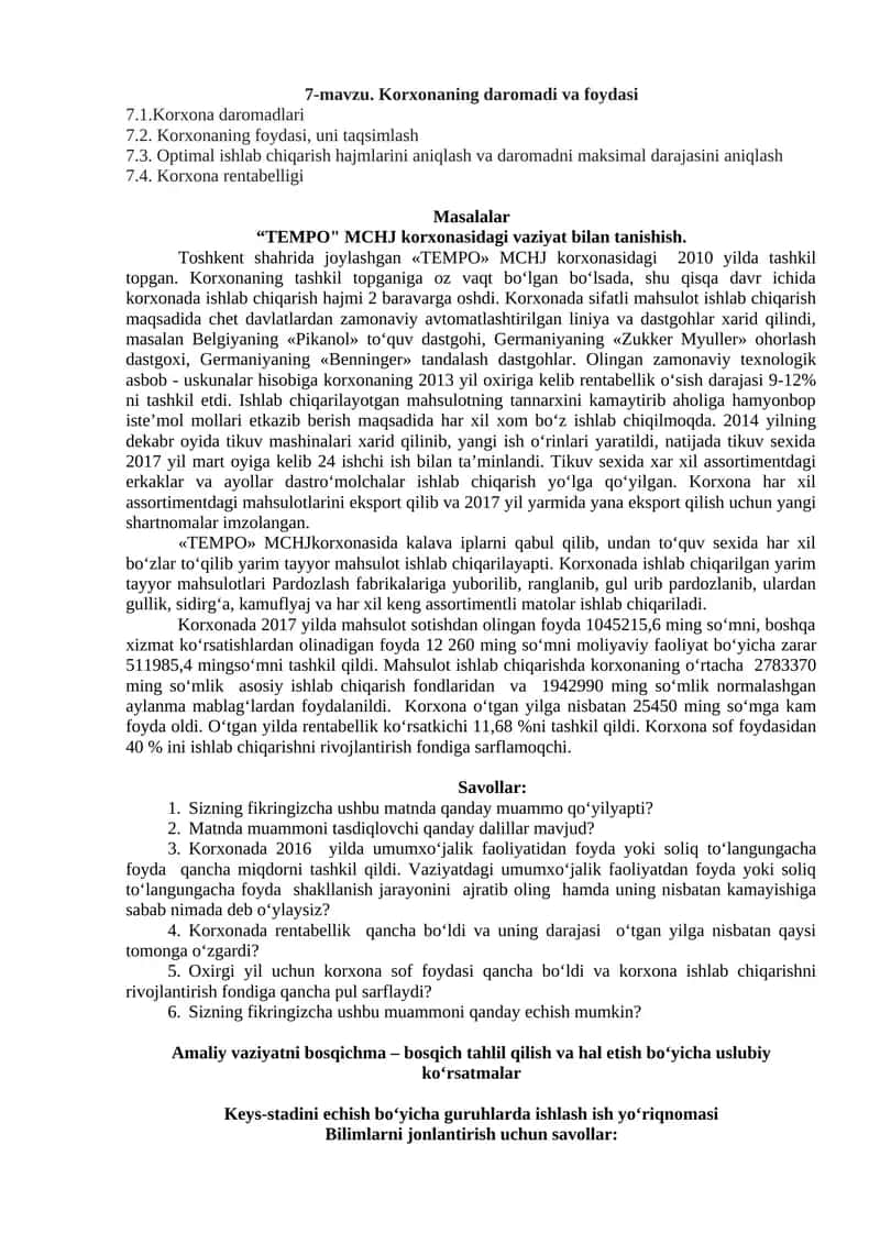 korxonani foydasi va daromadi