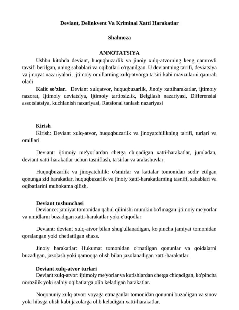 Deviant, Delinkvent Va Kriminal Xatti Harakatlar