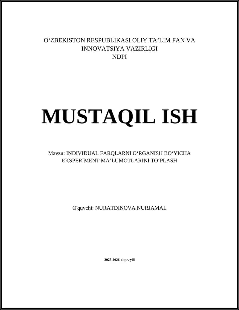 INDIVIDUAL FARQLARNI O‘RGANISH BO‘YICHA EKSPERIMENT MA’LUMOTLARINI TO‘PLASH