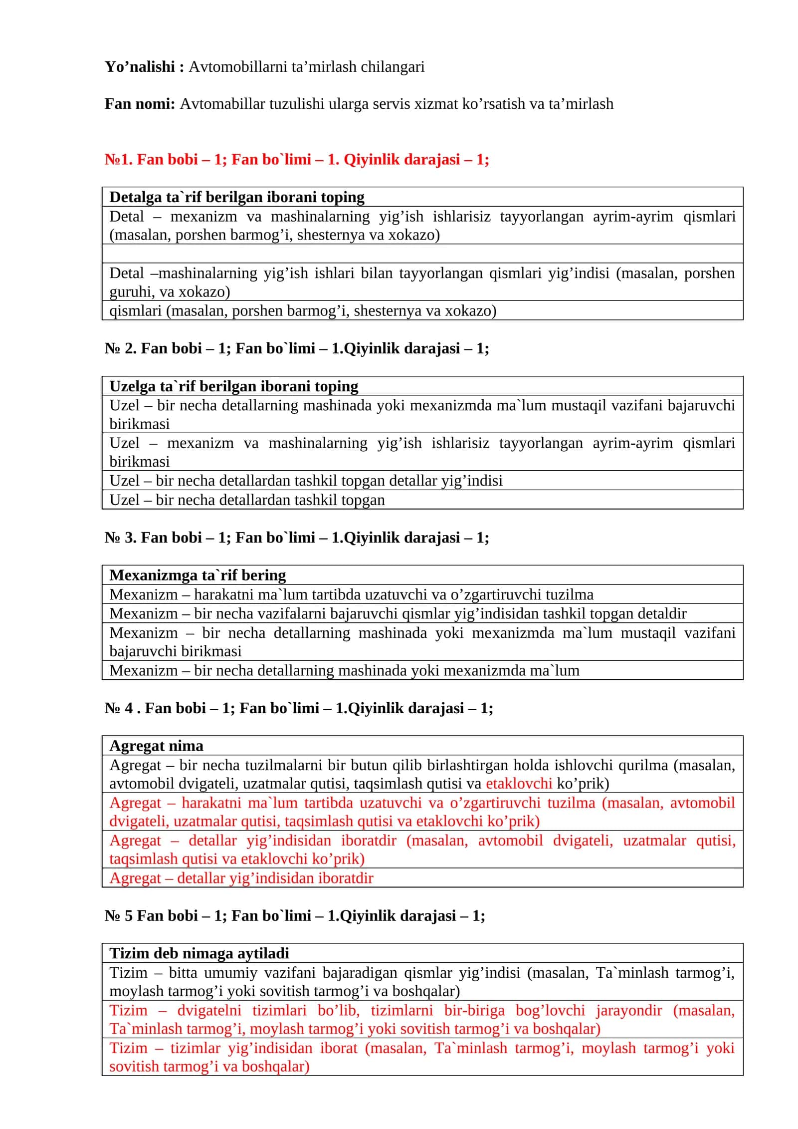 Avtomobillarni tamirlash test 1