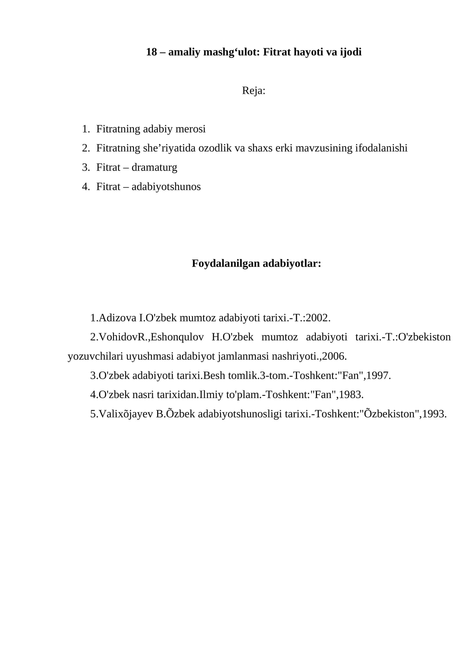 Fitrat hayoti va ijodi amaliy mashg‘uloti