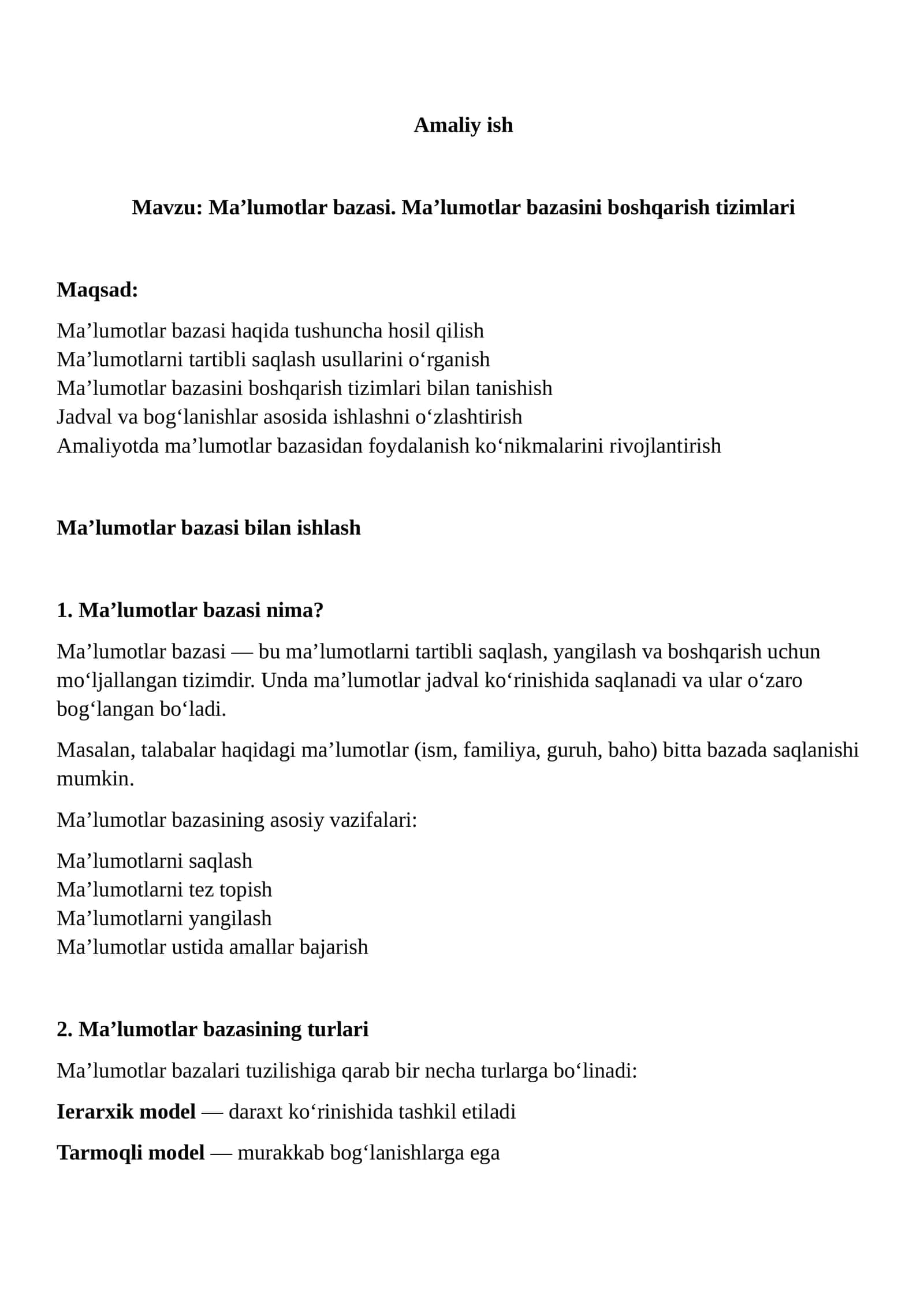 Ma’lumotlar bazasi. Ma’lumotlar bazasini boshqarish tizimlari