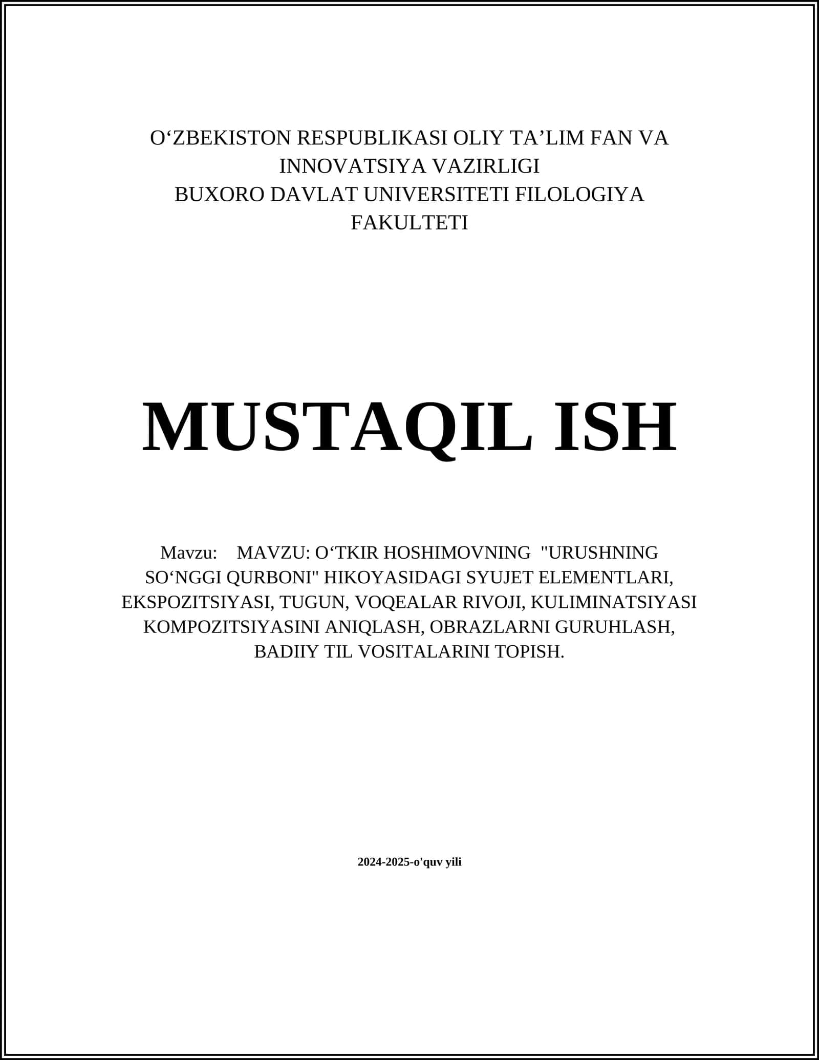 "URUSHNING SOʻNGGI QURBONI" HIKOYASIDAGI SYUJET ELEMENTLARI