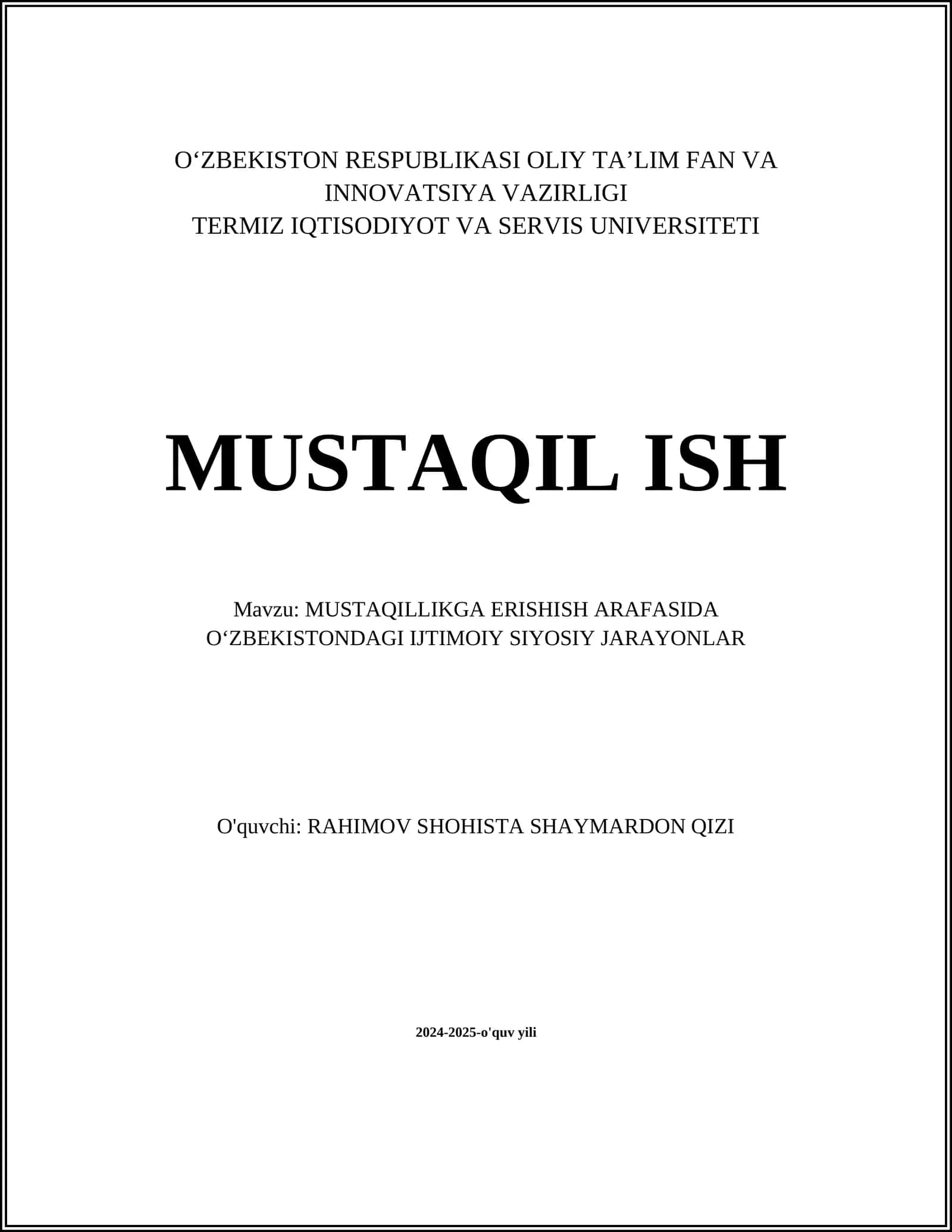 MUSTAQILLIKGA ERISHISH ARAFASIDA OʻZBEKISTONDAGI IJTIMOIY SIYOSIY JARAYONLAR