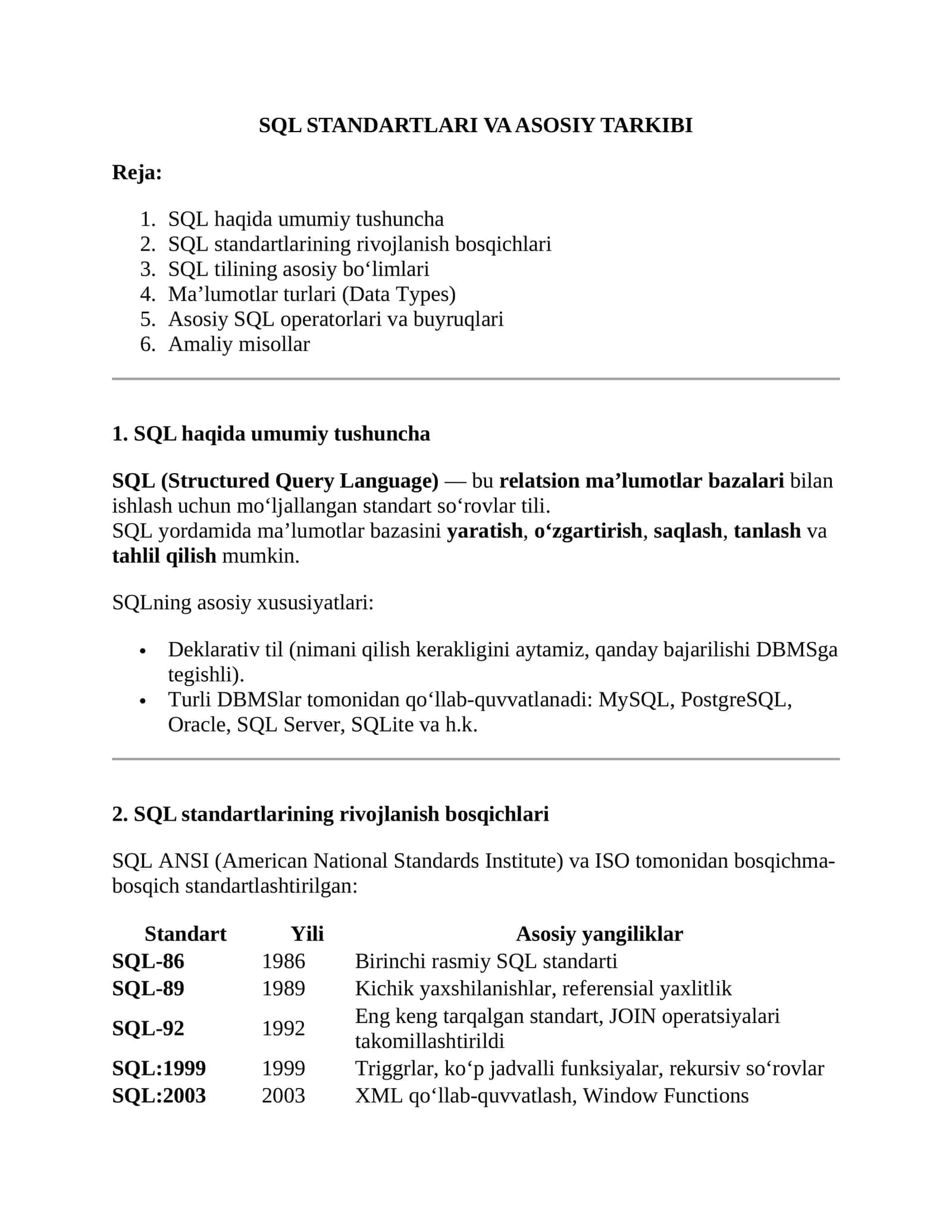 SQL STANDARTLARI VA ASOSIY TARKIBI