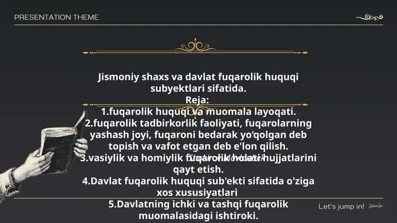 Jismoniy shaxs va davlat fuqarolik huquqi subyektlari sifatida.