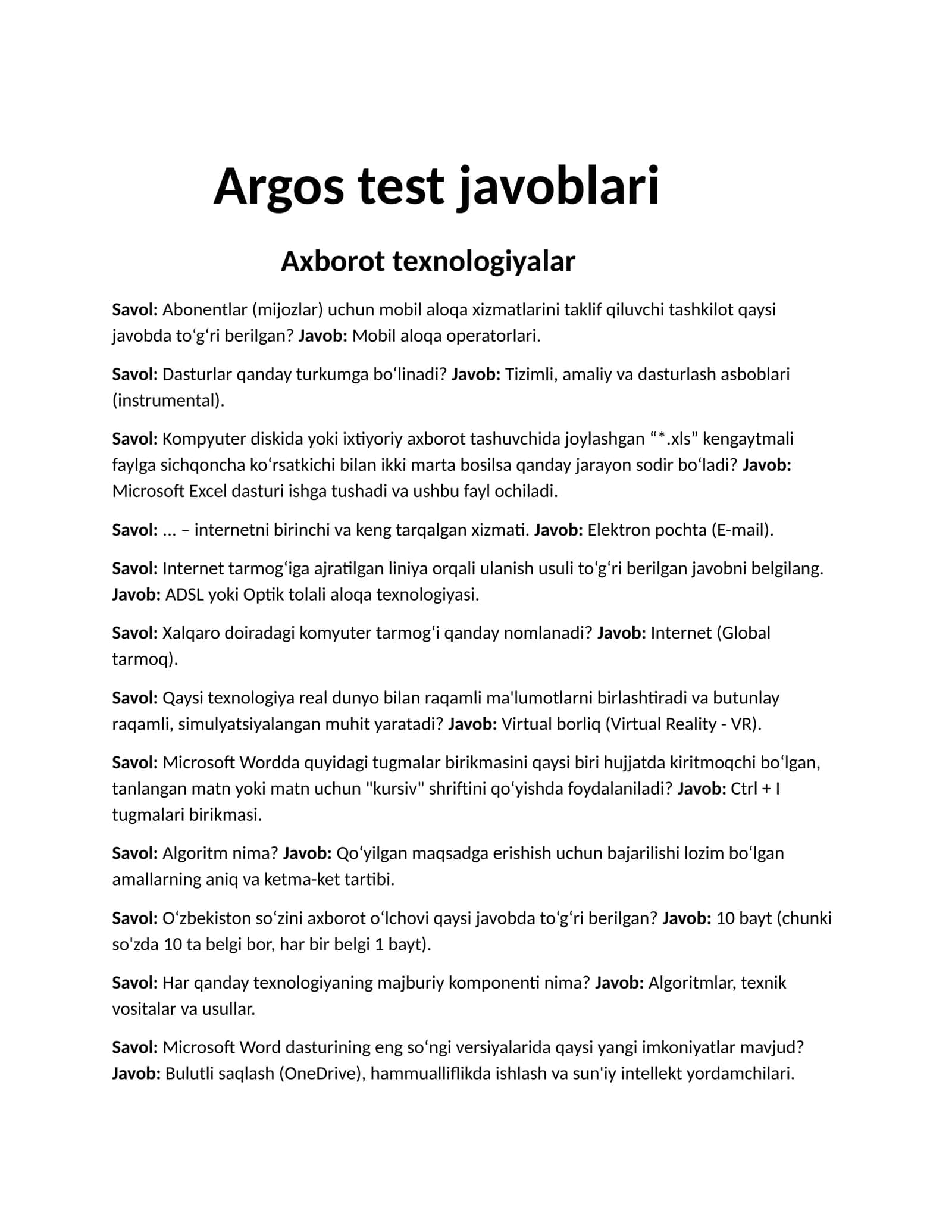 Argos test javoblari