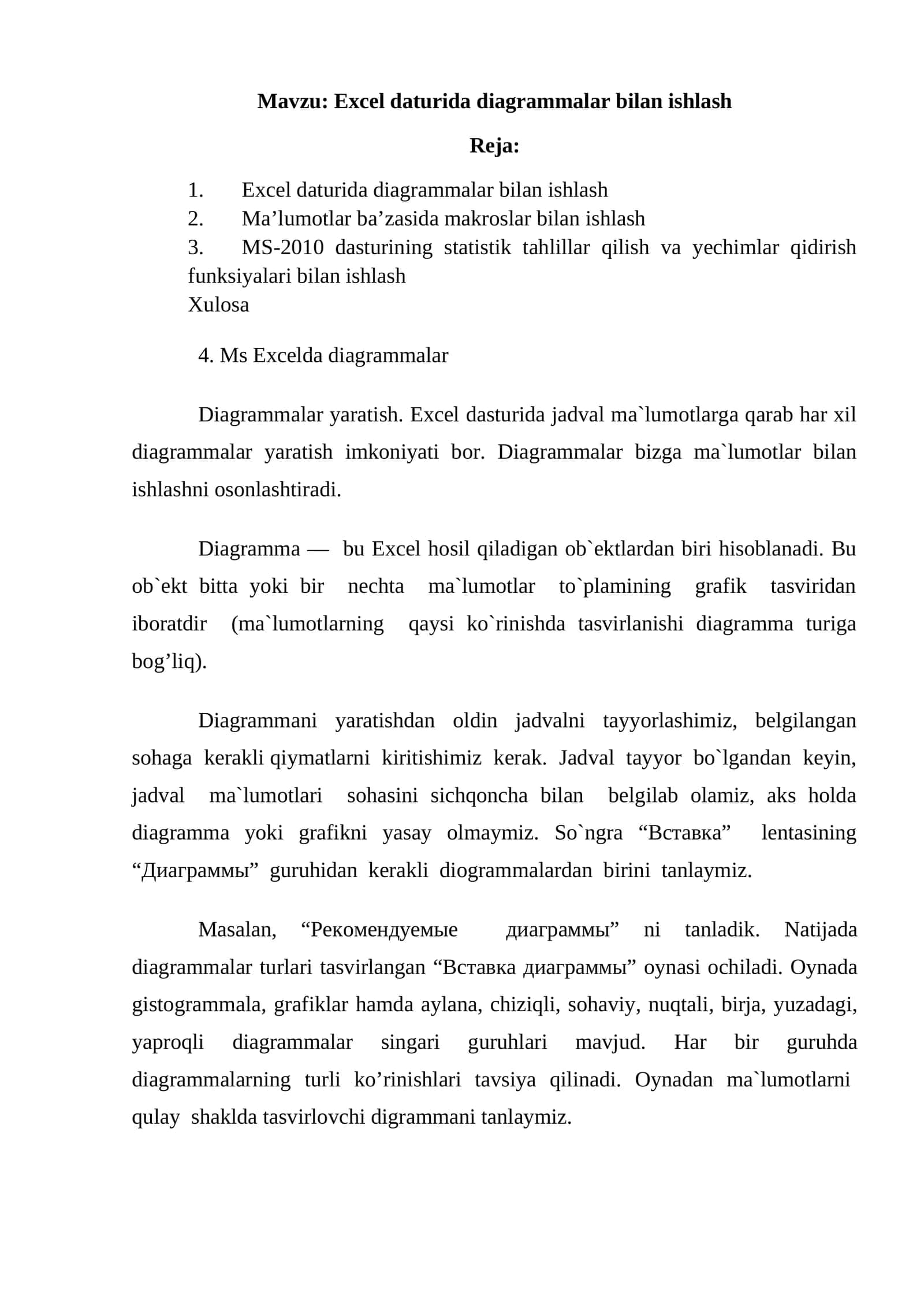 Excel daturida diagrammalar bilan ishlash