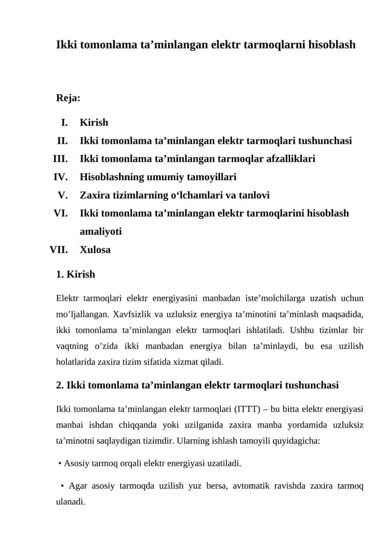 Ikki tomonlama ta’minlangan elektr tarmoqlarni hisoblash