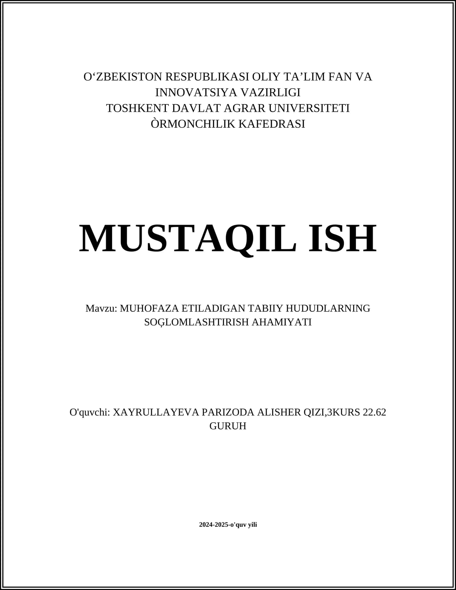 MUHOFAZA ETILADIGAN TABIIY HUDUDLARNING SOĢLOMLASHTIRISH AHAMIYATI