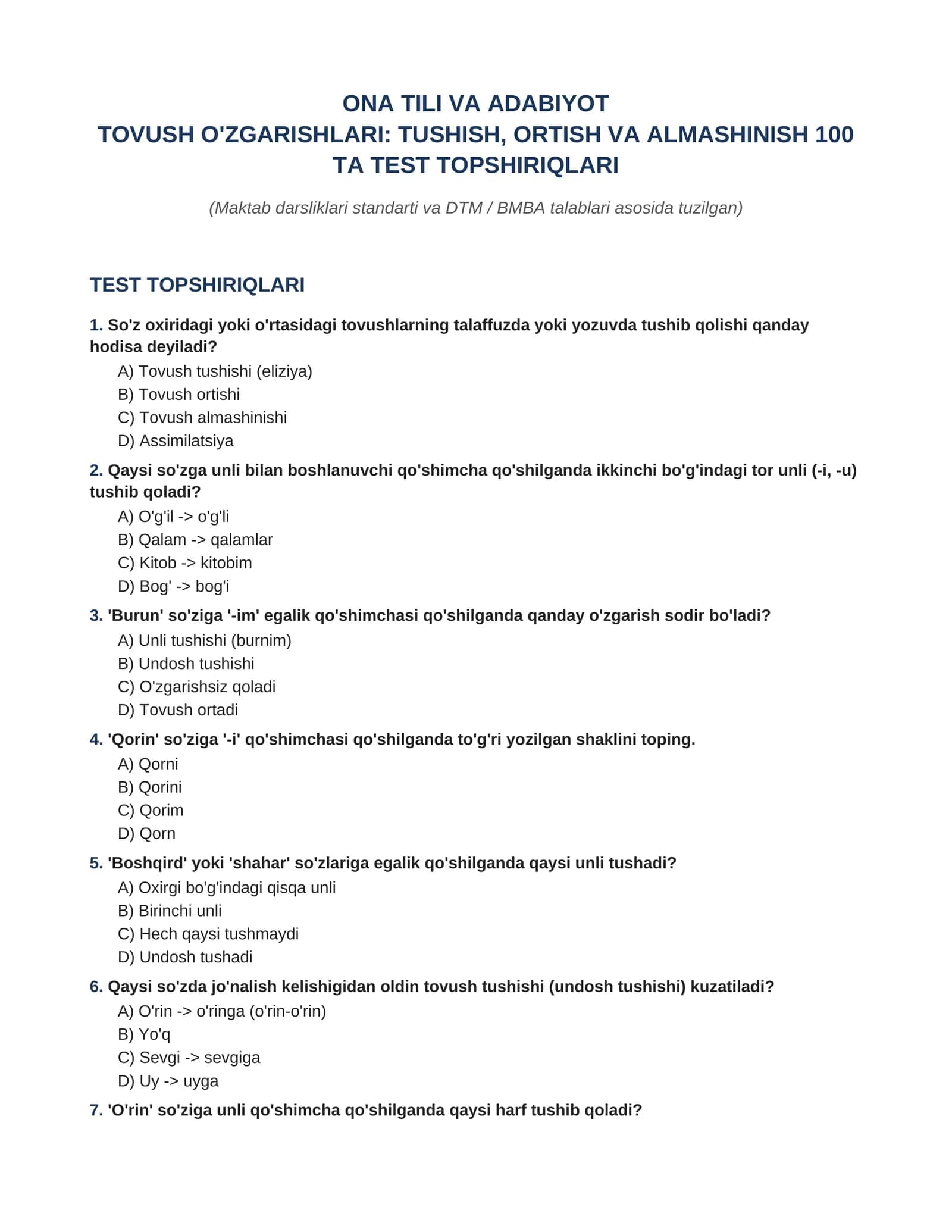 ONA TILI VA ADABIYOT  TOVUSH O'ZGARISHLARI: TUSHISH, ORTISH VA ALMASHINISH 100  TA TEST JAVOBLARI BILAN
