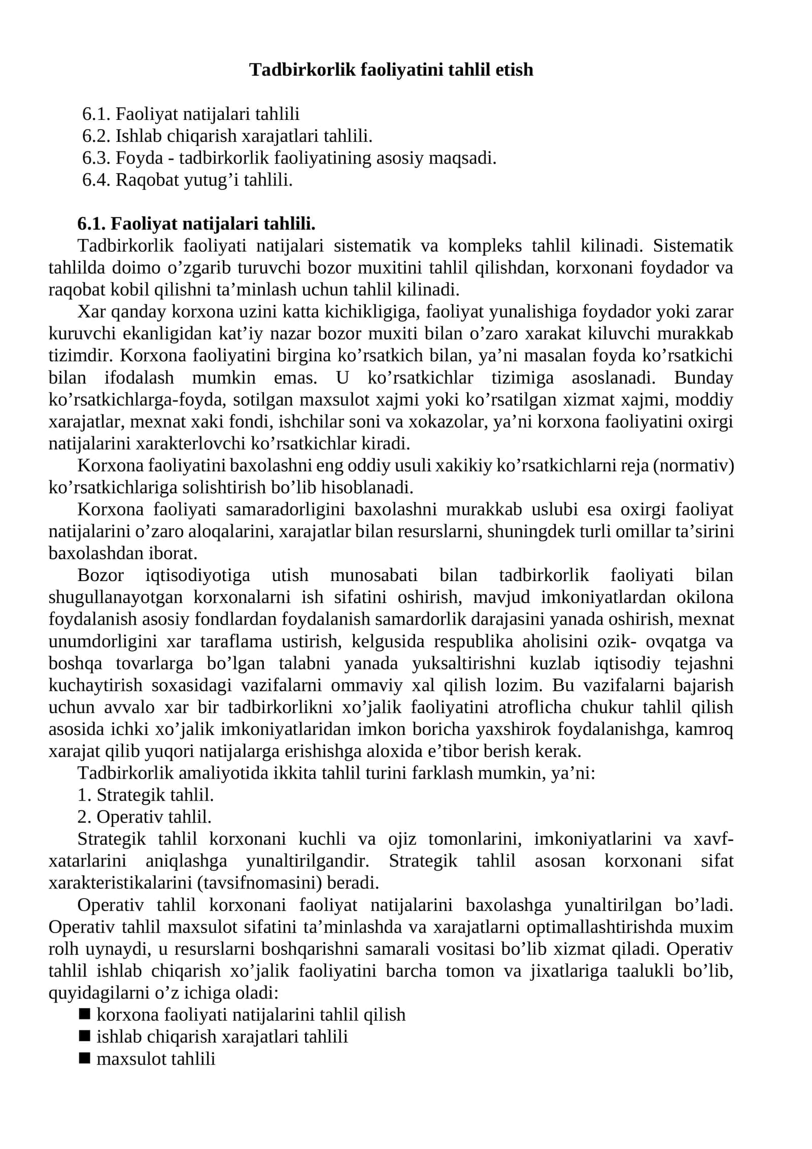 Tadbirkorlik faoliyatini tahlil etish