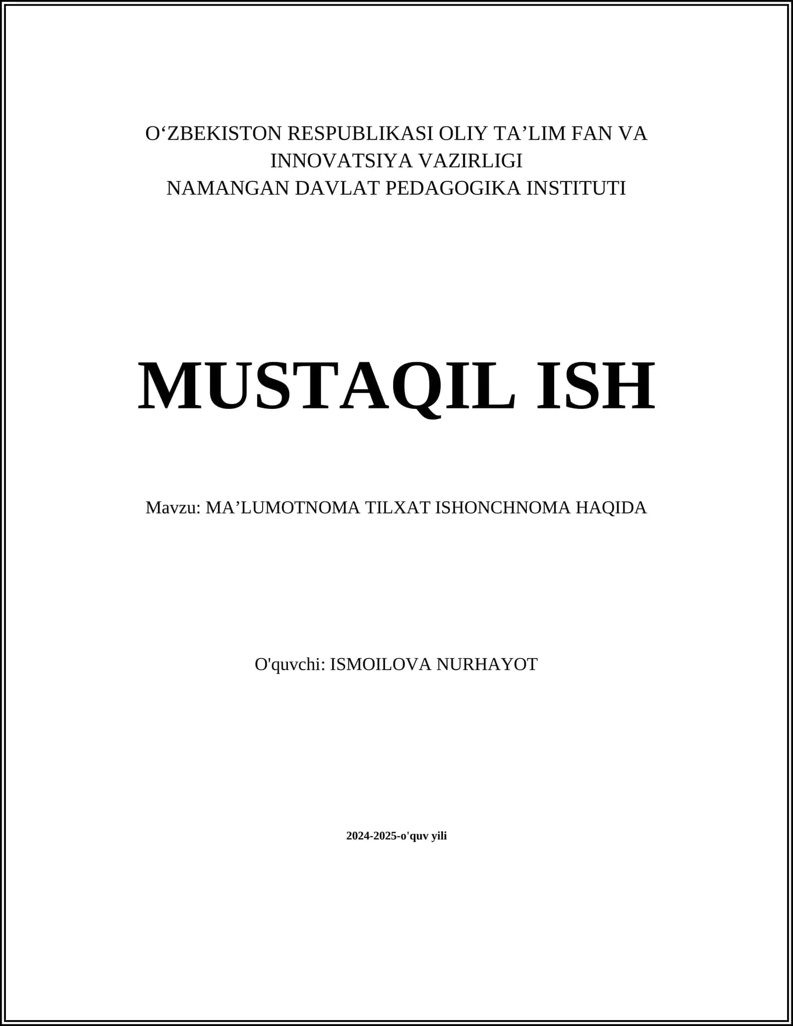 MAʼLUMOTNOMA TILXAT ISHONCHNOMA HAQIDA