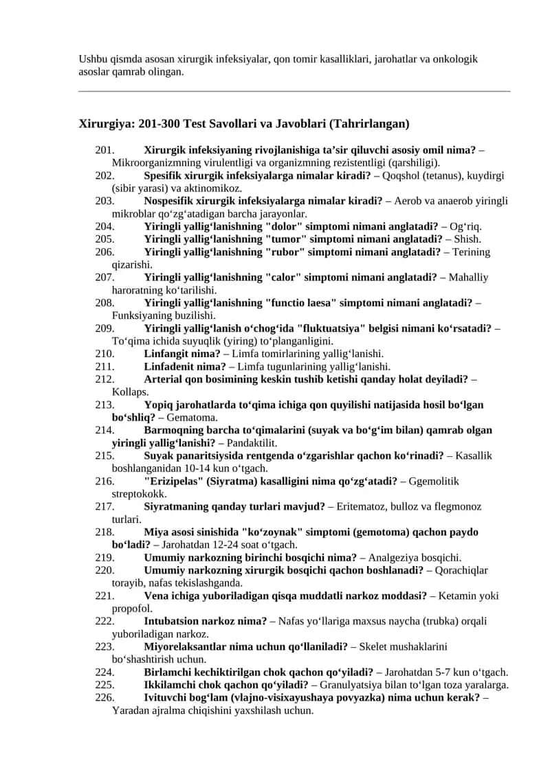 Xirurgiya: 201-300 Test Savollari va Javoblari (Tahrirlangan)