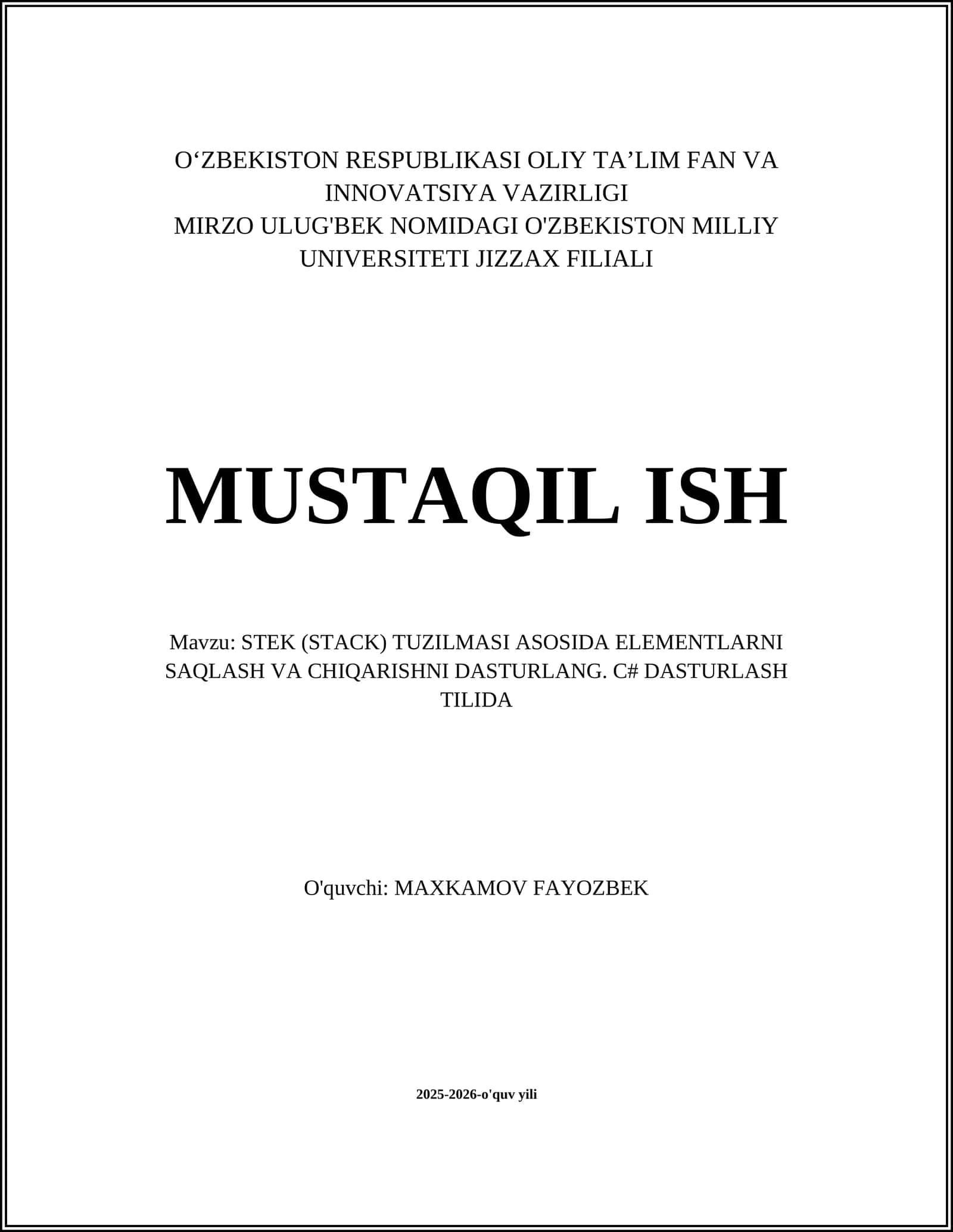 STEK (STACK) TUZILMASI ASOSIDA ELEMENTLARNI SAQLASH VA CHIQARISHNI DASTURLANG. C# DASTURLASH TILIDA