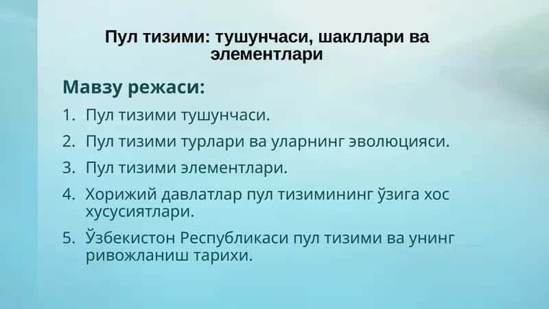 Пул тизими тушунчаси, шакллари ва элементлари