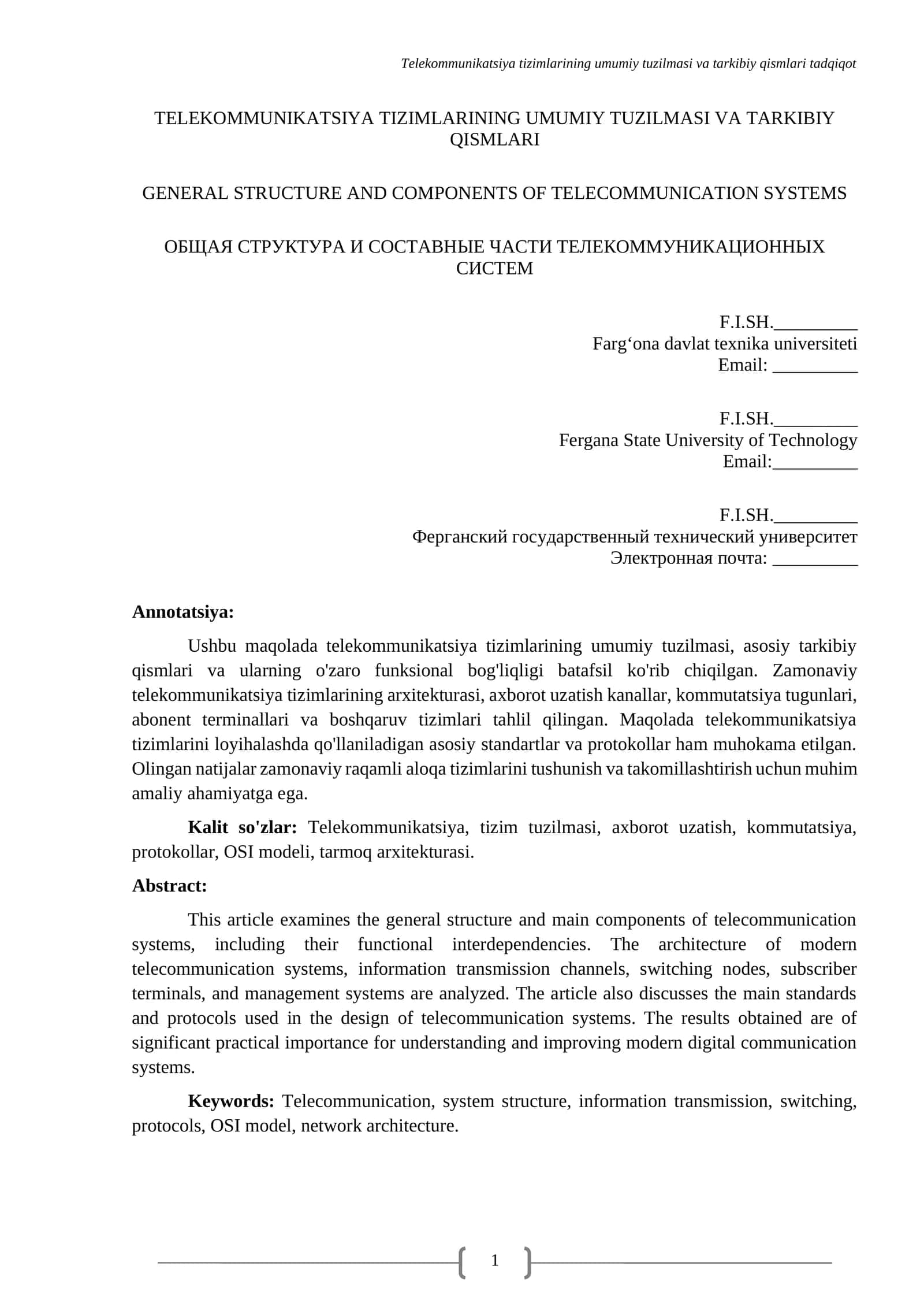 TELEKOMMUNIKATSIYA TIZIMLARINING UMUMIY TUZILMASI VA TARKIBIY QISMLARI HAQIDA MAQOLA